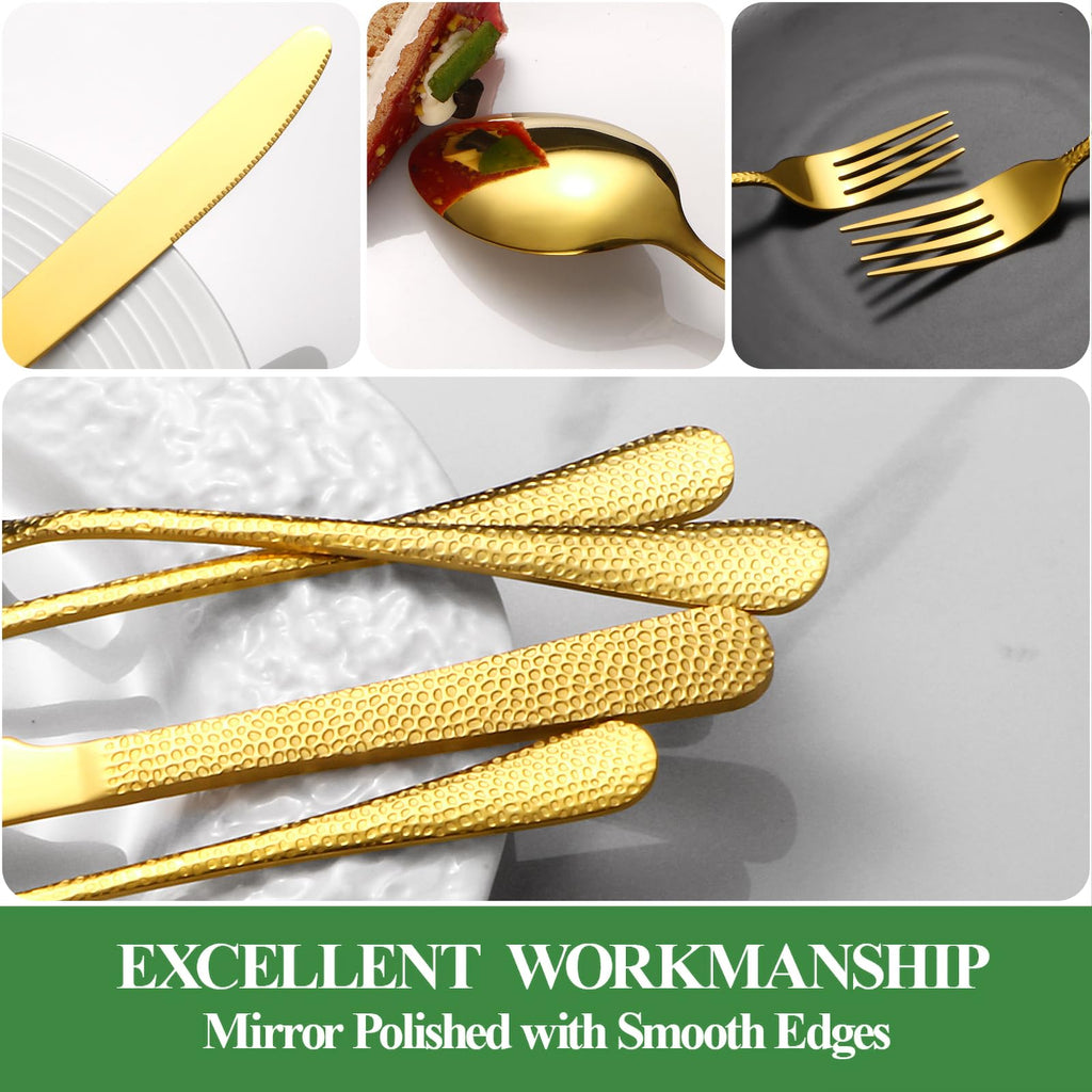 40 Pcs Gold Silverware Set for 8, Food Grade Stainless Steel Flatware Set, Eating Utensils Sets Include Fork/Knife/Spoon, Reusable Cutlery Set for Home Kitchen, Dishwasher Safe, Wave Hammered