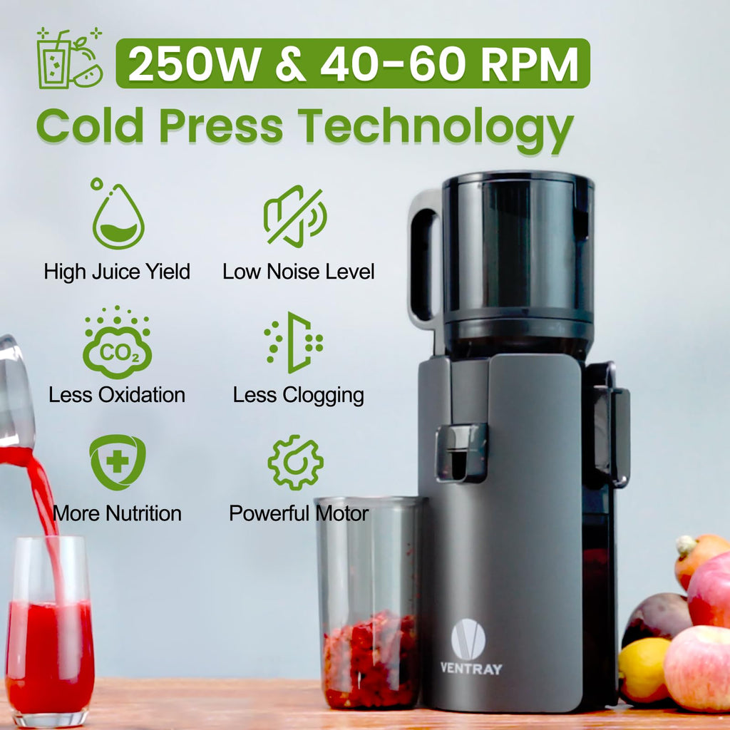 Ventray Cold Press Juicer, Slow Masticating Juicer Machine with 4.7" Wide Feed Chute for Whole Vegetables & Fruits, Juice Extractor High Juice Yield, Easy to Clean