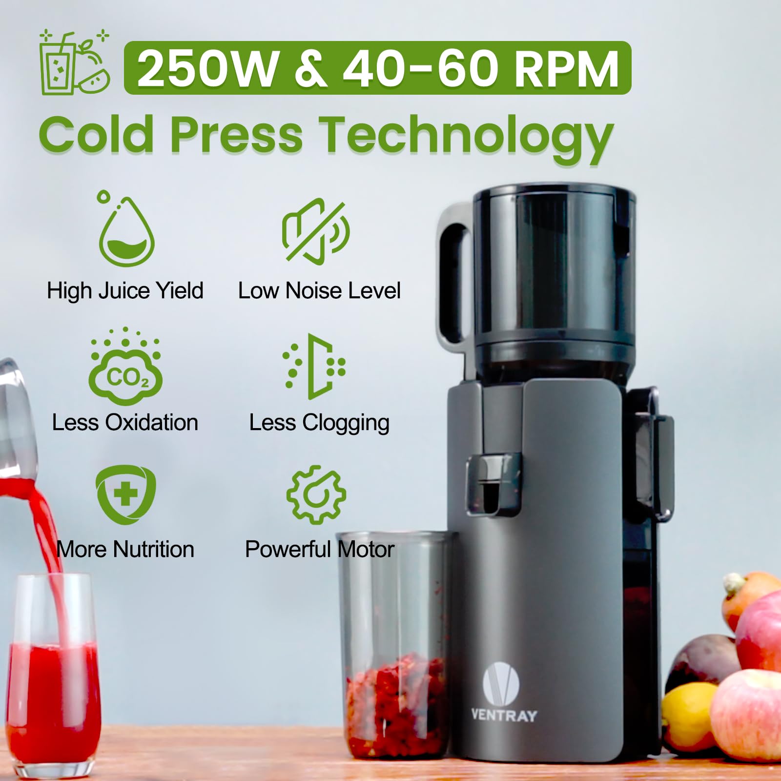 Ventray Cold Press Juicer, Slow Masticating Juicer Machine with 4.7" Wide Feed Chute for Whole Vegetables & Fruits, Juice Extractor High Juice Yield, Easy to Clean