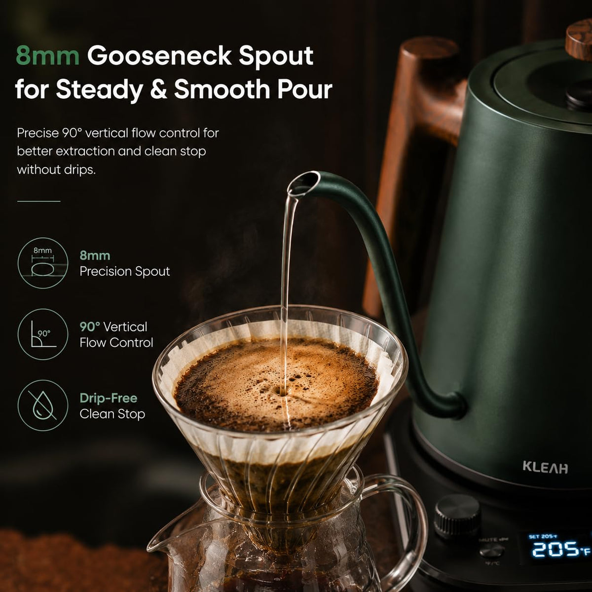 KLEAH Gooseneck Electric Kettle with Temperature Control - 0.8L Automatic Shut Off Tea & Coffee Kettle, Hot Water Boiler Pour Over Coffee Kettle, 1200W Quick Heating Keep Warm, Green