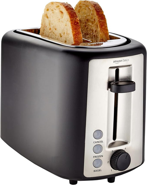 2 Slice Toaster, Extra Wide Slots for Bagels, 6 Browning Settings, Removable Crumb Tray, Defrost/Cancel/Bagel Buttons, Cord Wrap, 900W, Black & Silver