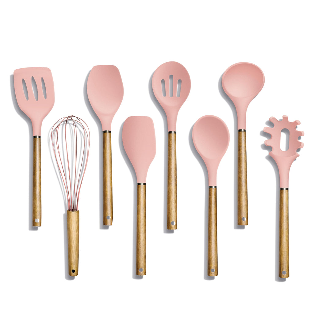 Country Kitchen Non Stick Silicone Utensil Set with Rounded Wood Handles for Cooking and Baking, 8 Piece Set, Pink