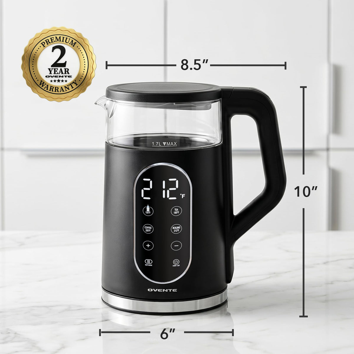 OVENTE 1.7L Electric Kettle with Digital Touchscreen, 1500W, Black KD96B
