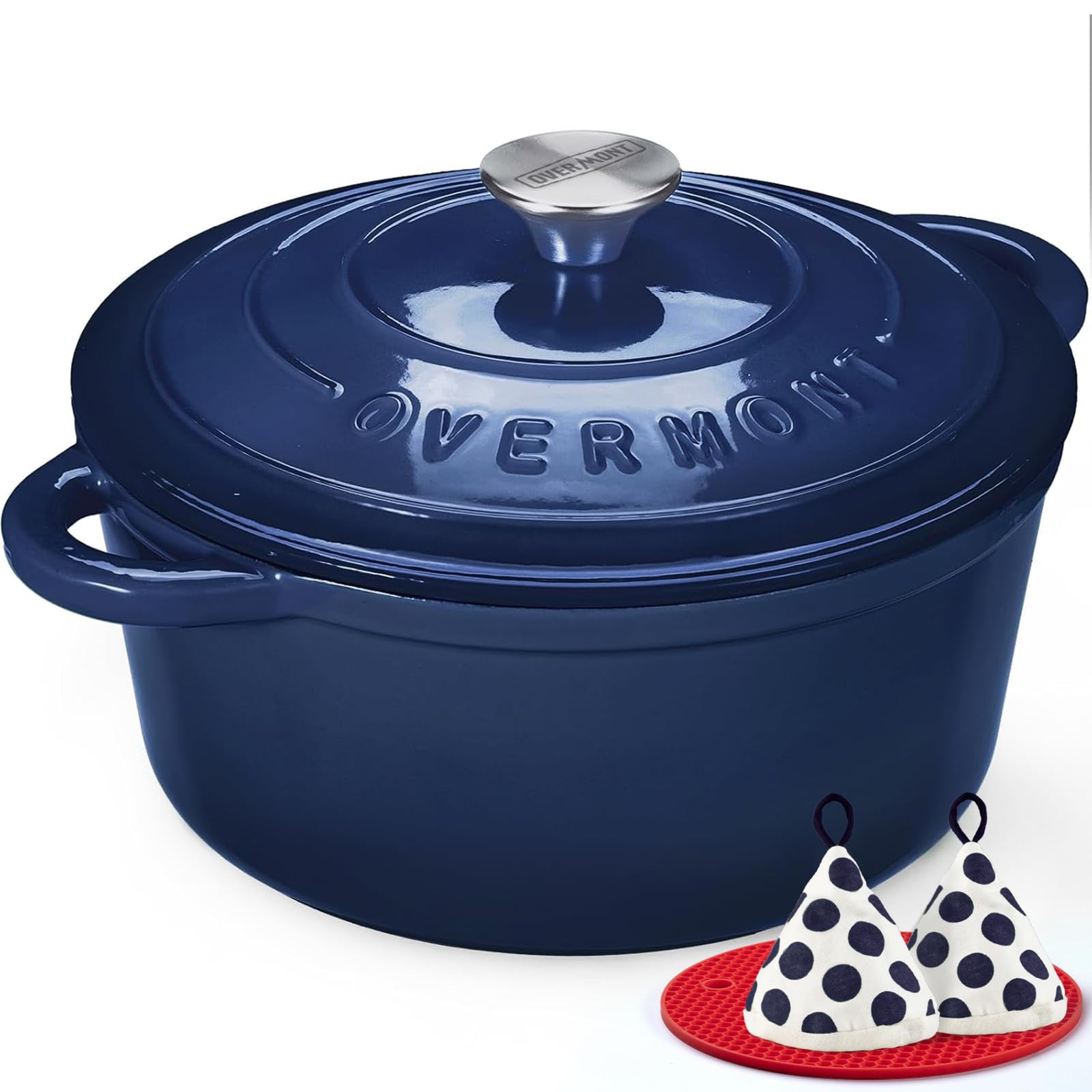 Overmont Enameled Cast Iron Dutch Oven - 5.5QT Pot with Lid Cookbook & Cotton Potholders - Heavy-Duty Cookware for Braising, Stews, Roasting, Sourdough Baking Indigo Blue