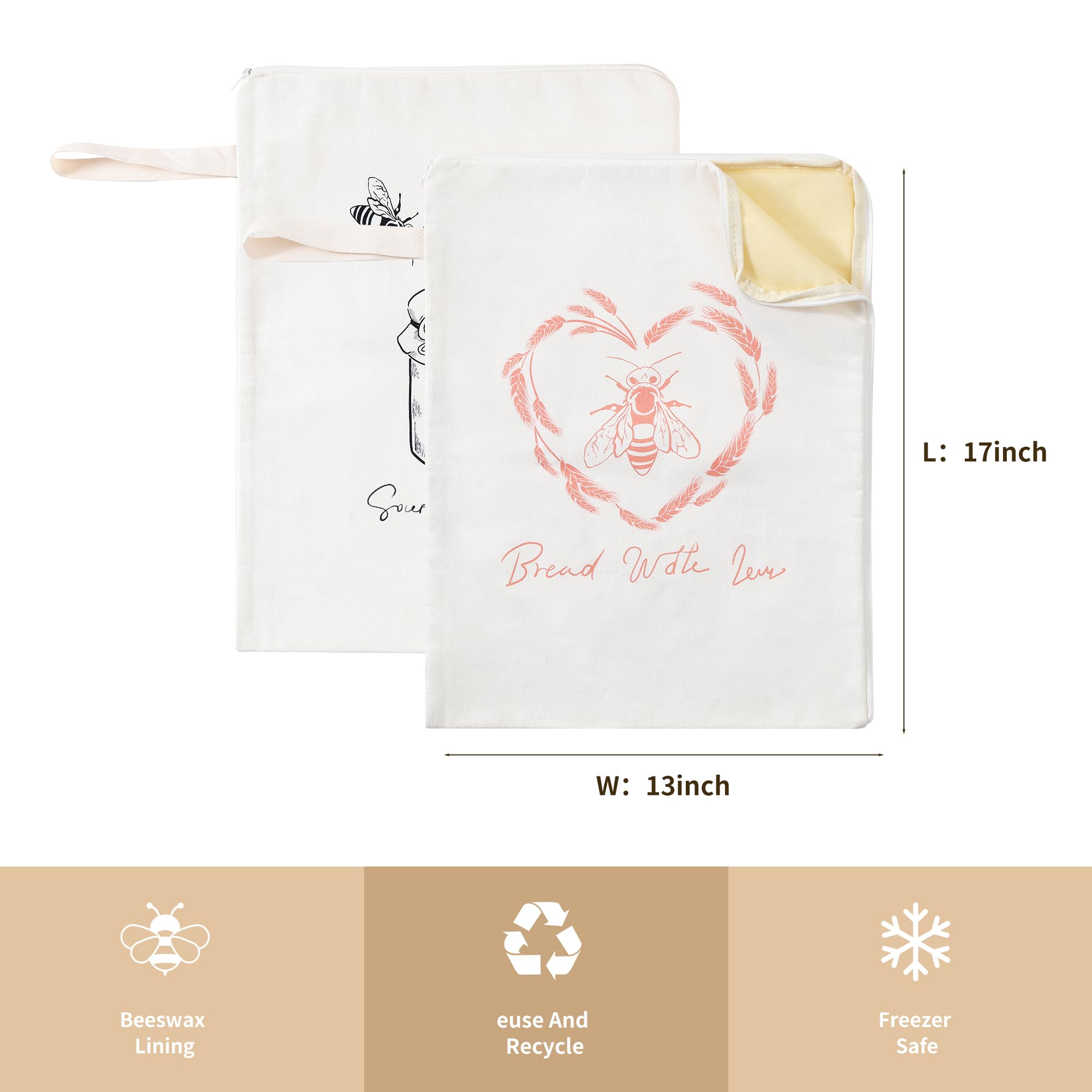 Premium Beeswax Bread Bags for Sourdough with Wide Zipper Access, 2 Pack XL(13x17in) Reusable Organic Beeswax-Coated Linen Cotton Bread Bags for Homemade Bread, Keeps Bread Fresh Naturally