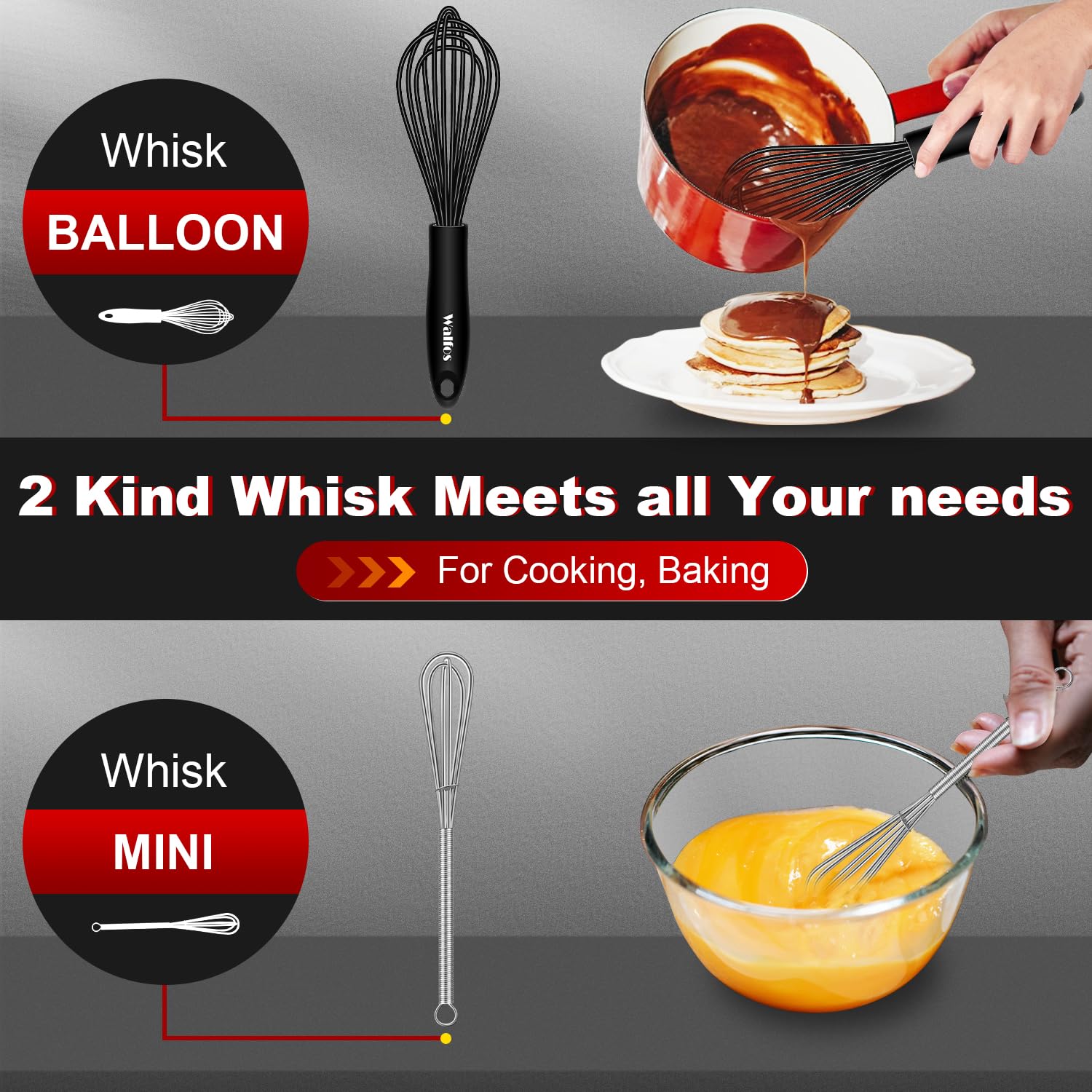 Silicone Whisks set with 7+5in mini stainless steel whisk, Non Scratch Coated 7+9+11in Whisks for Nonstick Cookware,Premium for Blending, Whisking, Beating, Frothing & Stirring