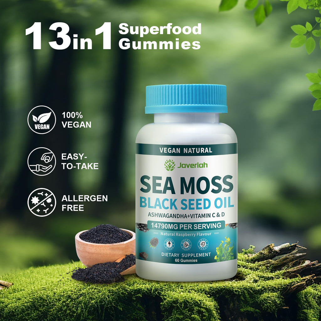Vegan Ashwagandha Sea Moss Gummies - Black Seed Oil, Vitamin C&D for Immune Support, Digestive, Antioxidant 13 in 1 Bundle, Sea Moss Chlorophyll Advanced Strength Formula 2Pack 120 Gummies