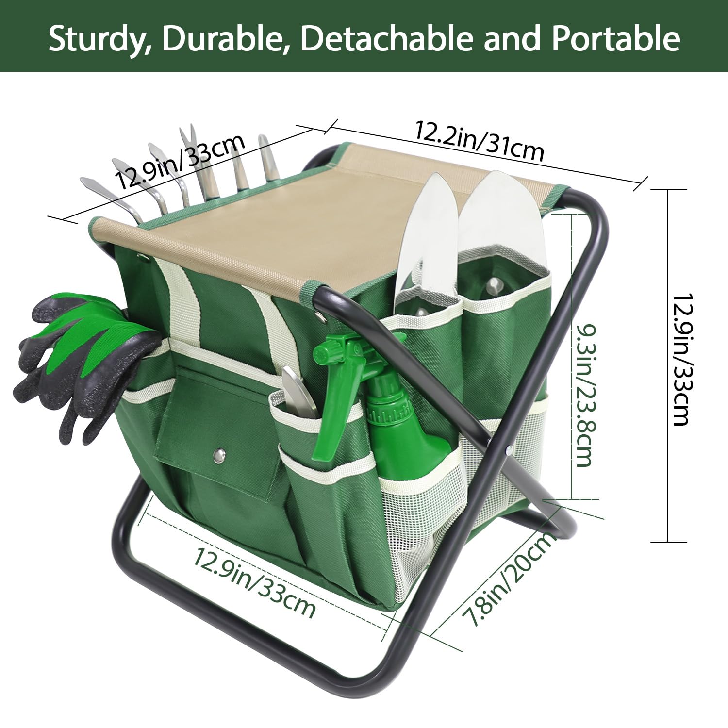 HoHaing Garden Tool Set, 10 Piece Kit with Heavy Duty Folding Stool, Detachable Storage Tote Bag, Stainless Steel Tools, Gifts for Women Men Green
