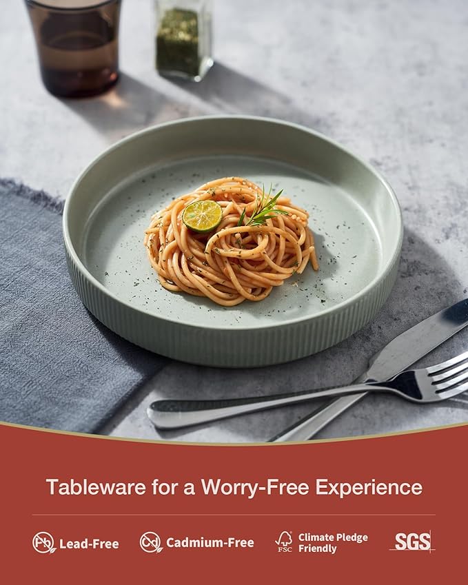 famiware Star 8.25" Pasta Bowls, Large Dinner Bowls Set of 4, Salad Bowl Plates, Shallow Bowls for Eating, Light Green