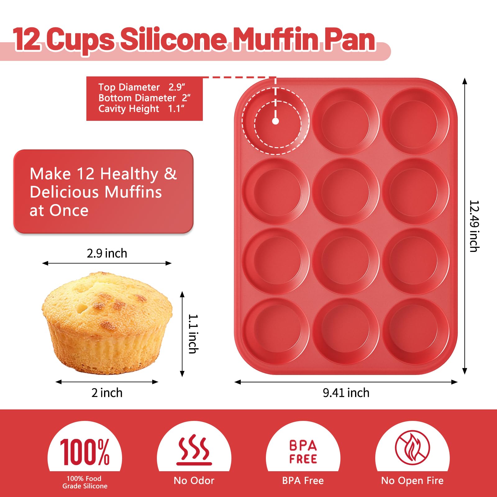 Bongpuda Silicone Muffin Pan with Metal Reinforced Frame,2 Pcs 2.9" Regular Size 12 Cups Egg Bite Mold,Non-Stick,Easy Release,For Egg Muffins, Cupcakes, Large Muffins,Cheesecakes(Orange + Red)