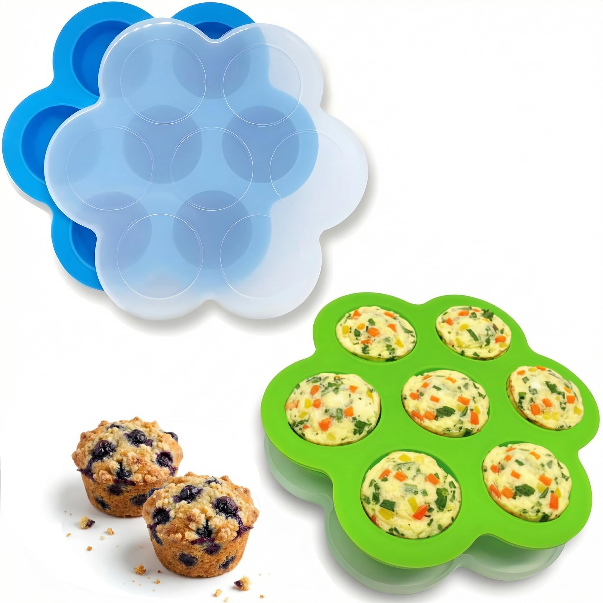 GOKCEN's Silicone Egg Bite Molds [2 Pack] Total 14 Cups Silicone Muffin Pans for Baking - Food Freezer Tray with Lid - Reusable Storage Container (Blue & Green - Egg Bite Mold)