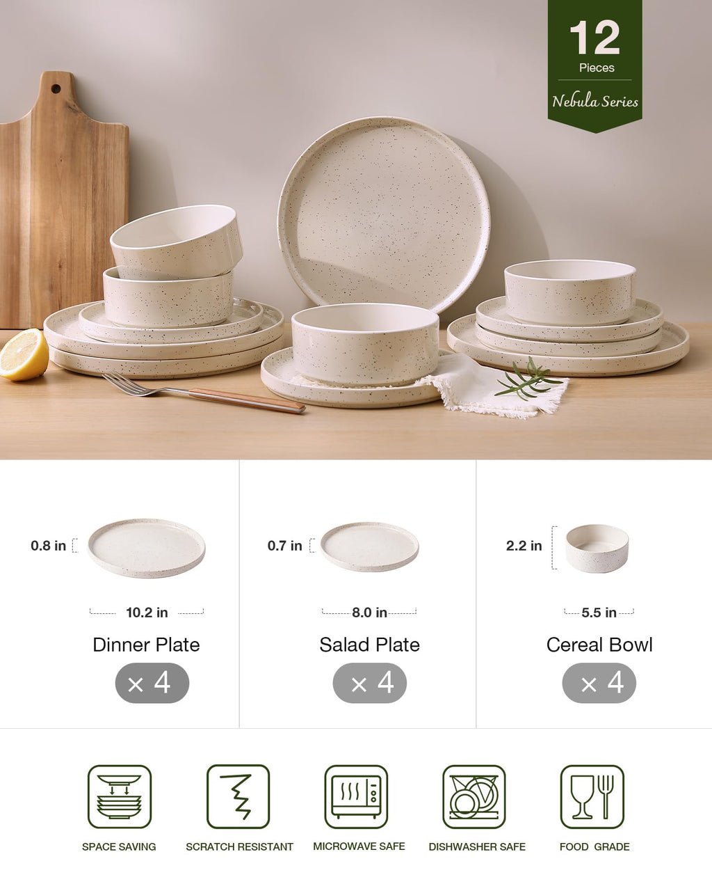 Famiware Nebula 12-Piece Stoneware Dinnerware Set, Creamy White