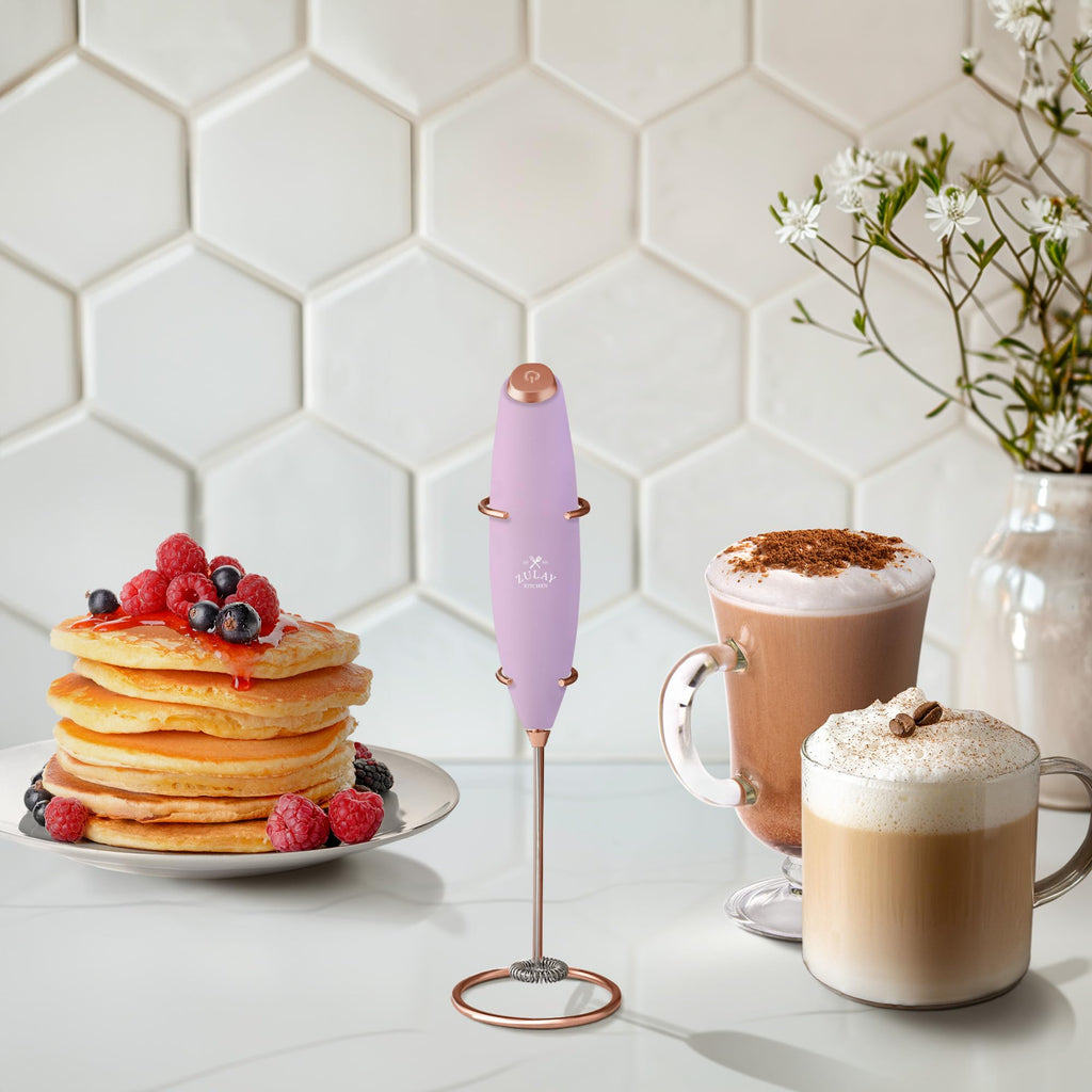 Zulay Kitchen Powerful Milk Frother Wand With Duracell Batteries - Ultra Fast Handheld Drink Mixer - Electric Whisk Foam Maker for Coffee, Lattes, Cappuccino & Matcha - Z1 Motor - Lilac & Rose Gold