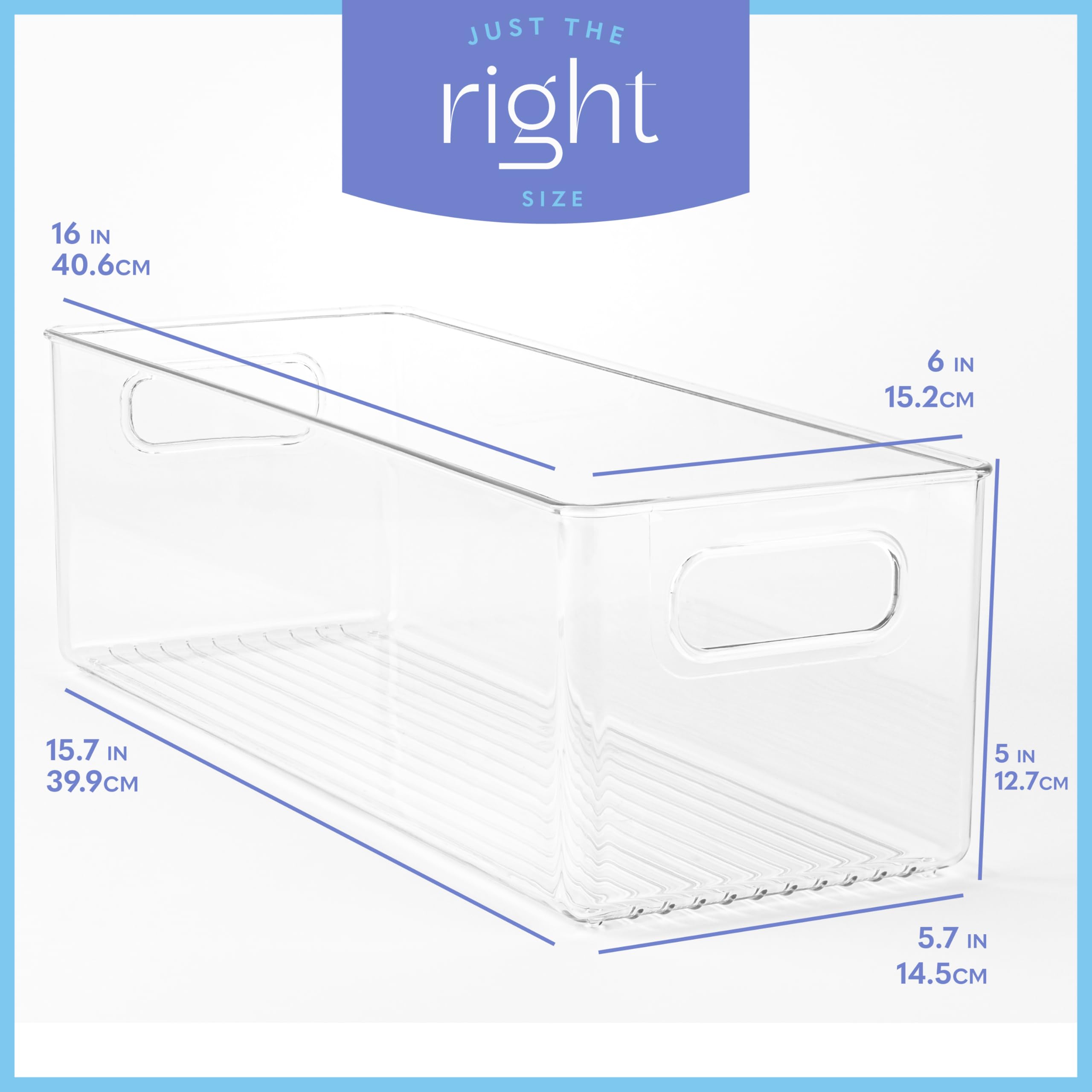 Plastic Food Storage 6 Pack Clear Container Bin with Handles for Organizing Kitchen, Pantry, Refrigerator, Freezer, Pantry, Cabinet, Closet, Bathroom. 16”x6”x5”