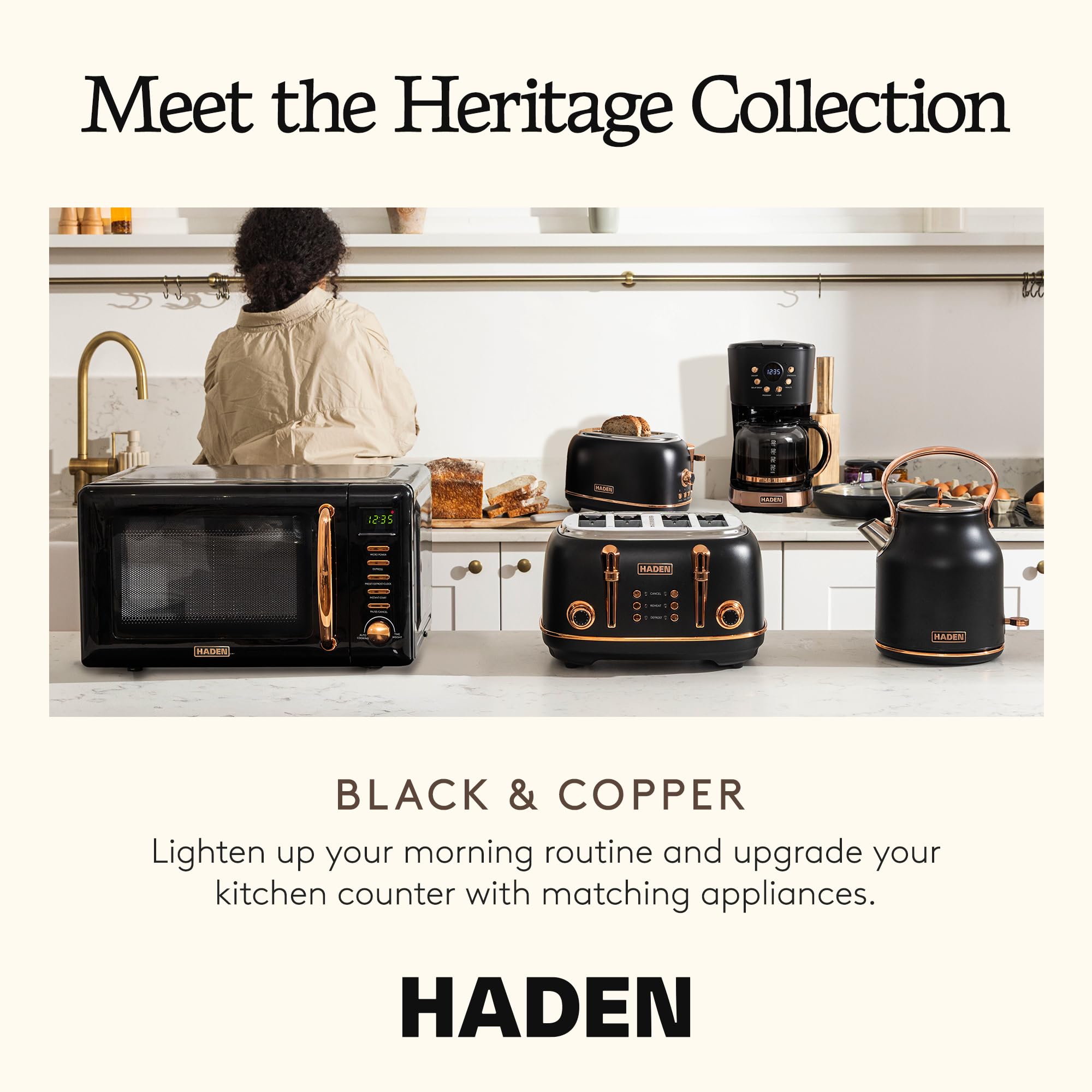 Haden Heritage 1.7 Liter Stainless Steel Electric Kettle, Hot Water Tea Kettle with 360-Degree Base and Auto Shutoff, Black & Copper
