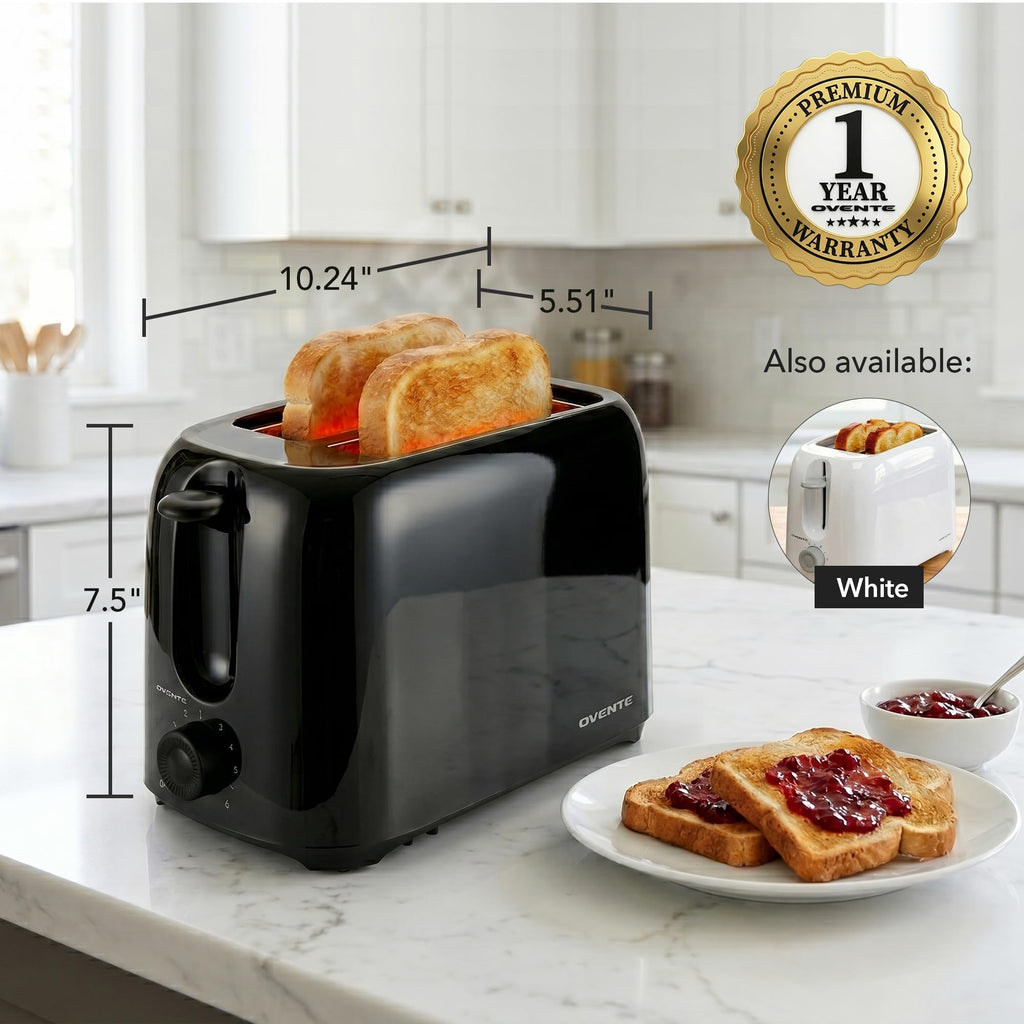 OVENTE Electric 2 Slice Toaster Machine 6-Shade Setting, Black TP2210B