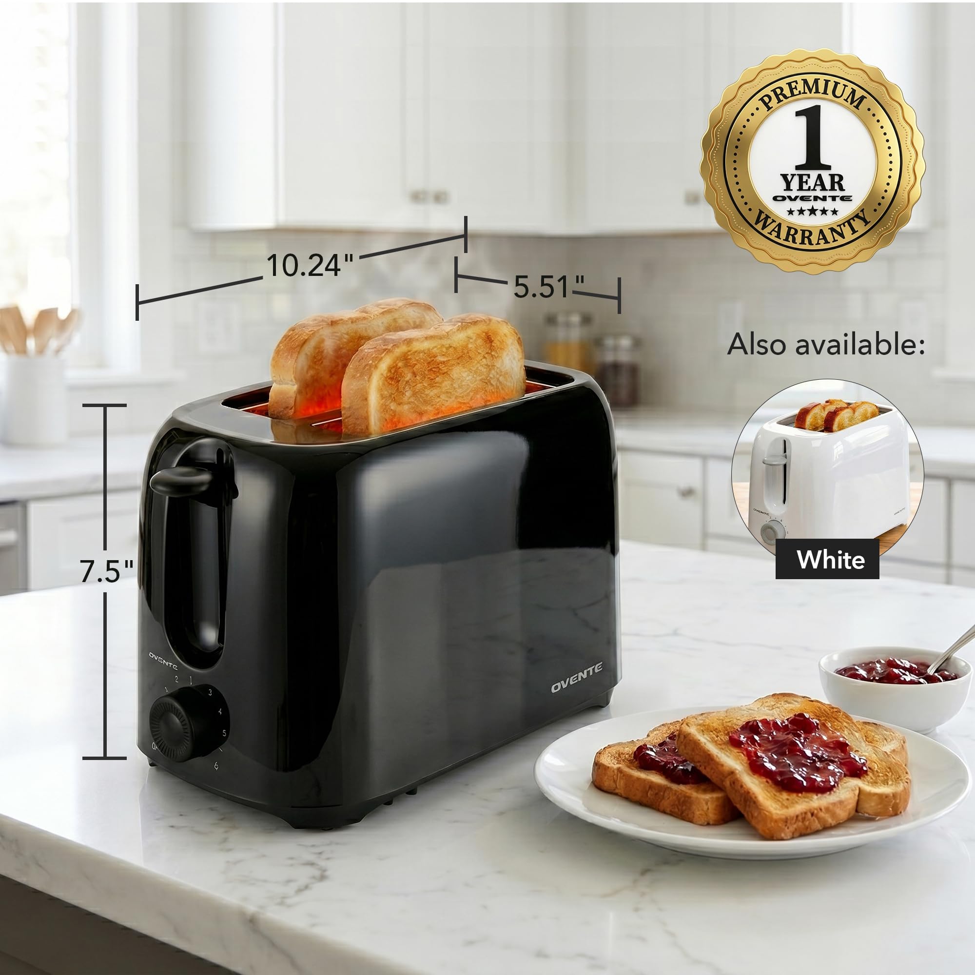 OVENTE Electric 2 Slice Toaster Machine 6-Shade Setting, Black TP2210B