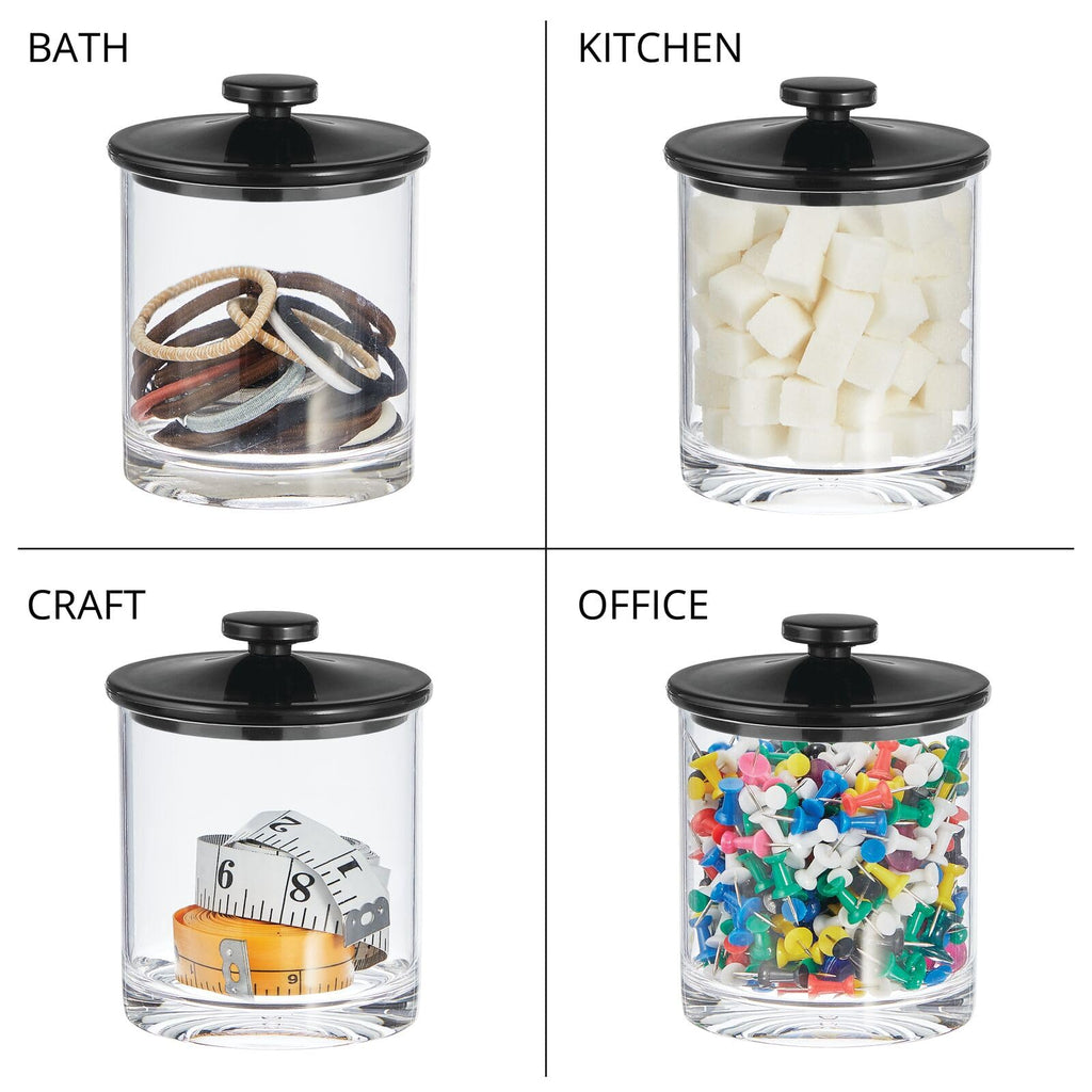 mDesign Small Modern Apothecary Storage Organizer Canister Jars - Acrylic Containers for Bathroom, Organization Holder for Vanity, Counter, Makeup Table, Lumiere Collection, 2 Pack, Clear/Black
