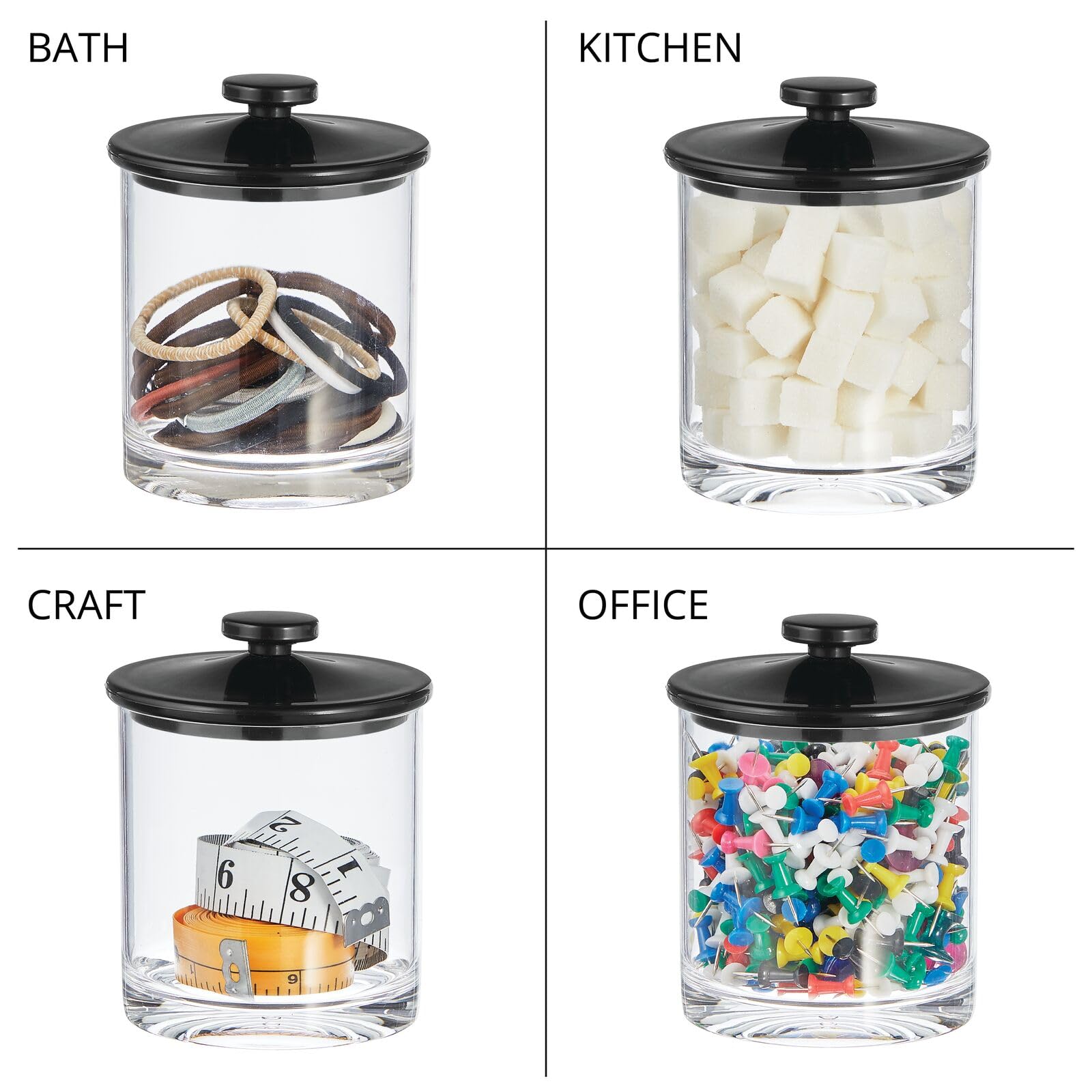 mDesign Small Modern Apothecary Storage Organizer Canister Jars - Acrylic Containers for Bathroom, Organization Holder for Vanity, Counter, Makeup Table, Lumiere Collection, 2 Pack, Clear/Black