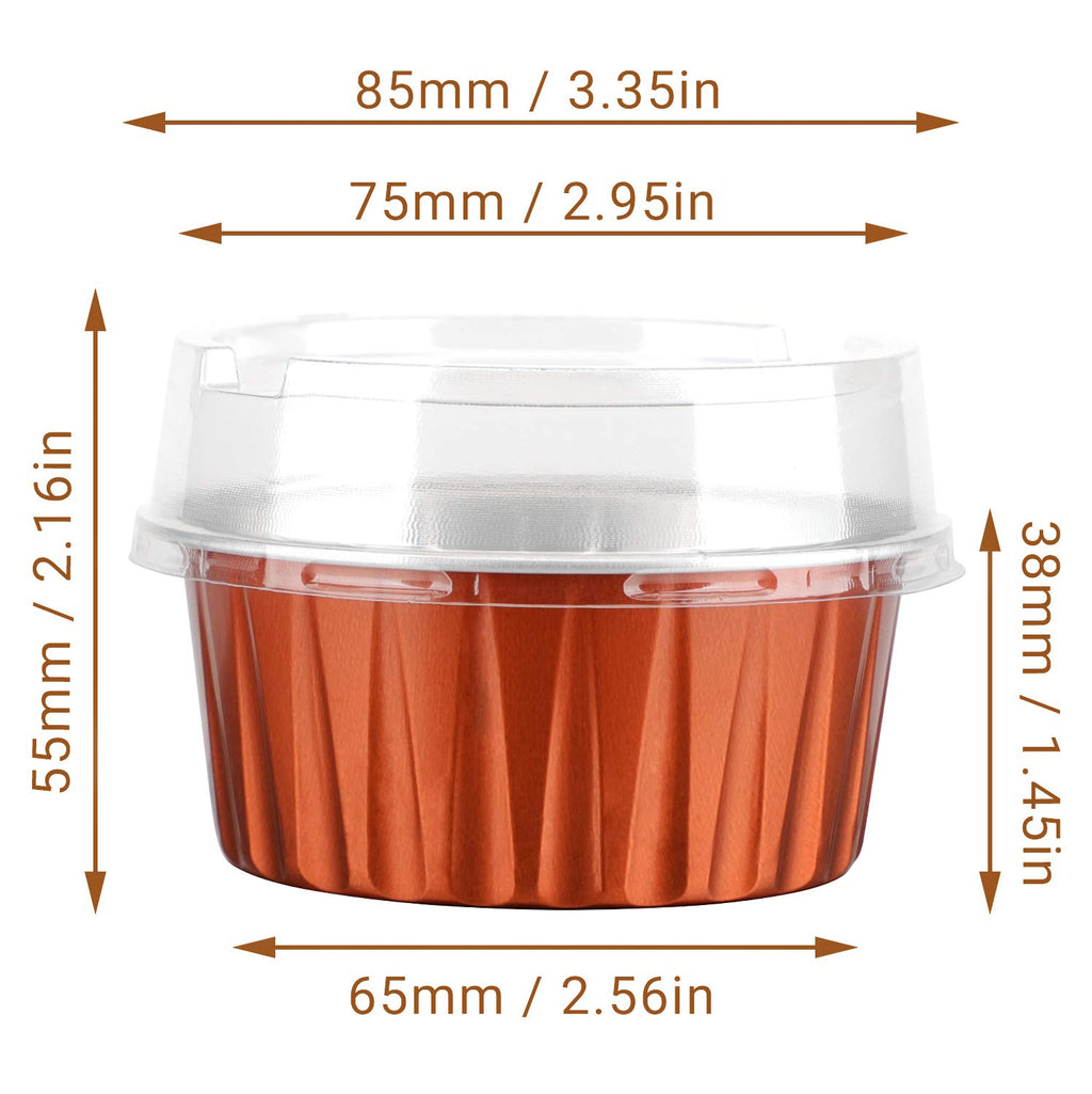 EUSOAR Aluminum Foil Cups, 5oz 50pcs muffin Baking Cups with Lids, 3.34"x2.59"x2.35" 125ml Snacks Desserts Flan, Cupcake Pie Ramekin, Recyclable Catering Party Favor Baking Cups-Caramel