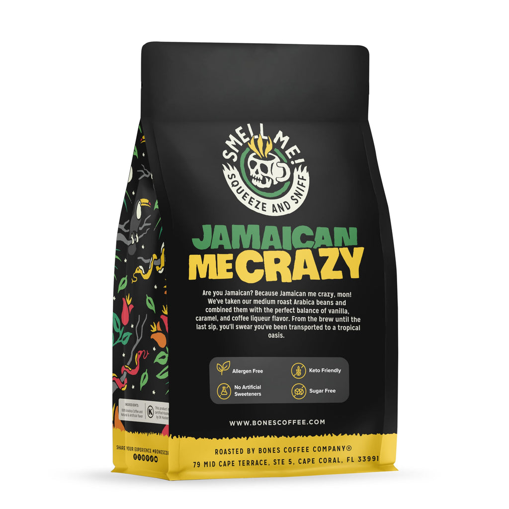 Bones Coffee Company Jamaican Me Crazy, Vanilla Caramel Flavored Coffee, Medium Roast Low Acid Arabica Beans Compatible with Auto drip and French Press Coffee Maker, 12 Oz Whole Bean