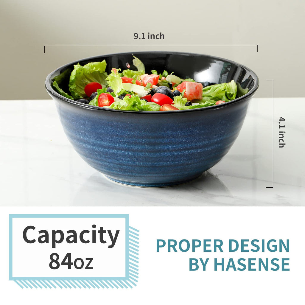 HASENSE Large Serving Bowls, 9 Inch Ceramic Salad Bowls, 84 oz Serving Dishes for Entertaining, Deep Bowl Set Perfect for Soup Pasta Pho Popcorn Fruit, Dishwasher Microwave Safe, Set of 2, Navy Blue