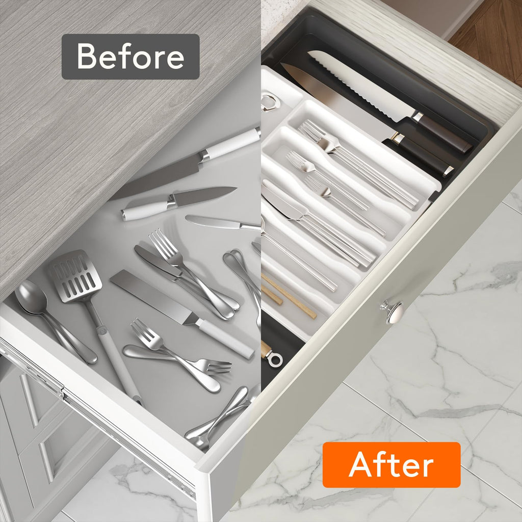 Lifewit Extra Large Silverware Drawer Organizer, Expandable Utensil Tray for Kitchen, BPA Free Flatware Cutlery Holder, Adjustable Plastic Storage for Spoons Forks Knives, 13-22 x 15, White&Black