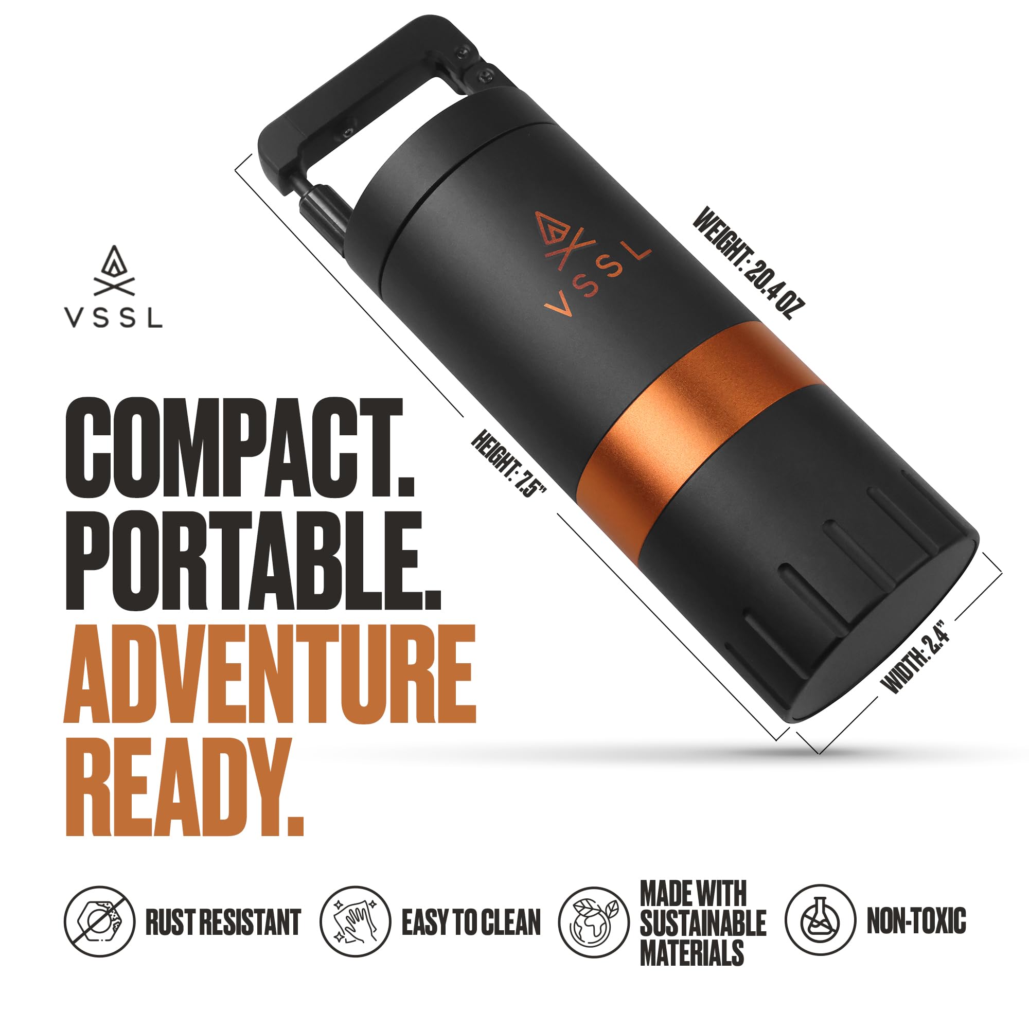 【VSSL Java G45】Premium Manual Coffee Grinder | Portable Coffee Grinder for Camping or Hiking | Straight Handle French Press, Drip, Espresso with Stainless Steel Conical Burr Mill | 45 gram capacity