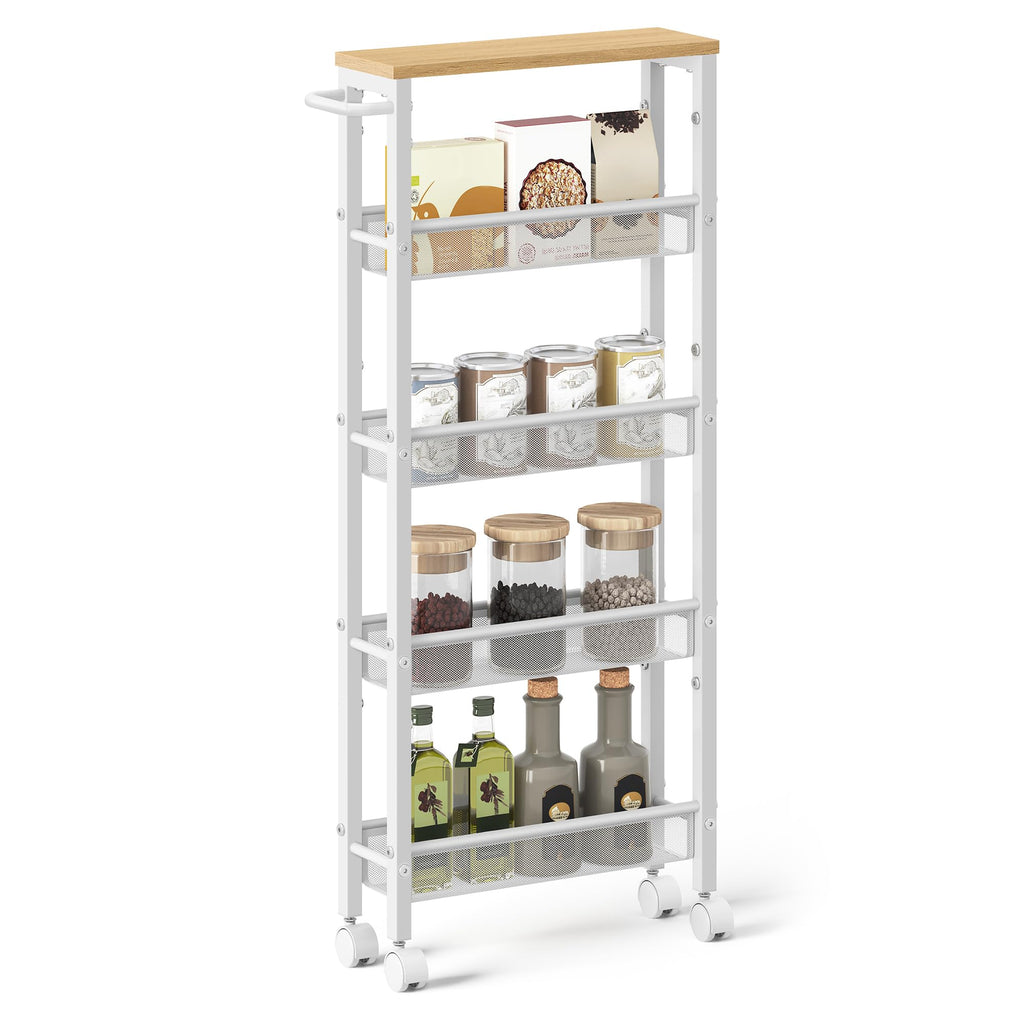 VASAGLE Slim Rolling Cart, 5-Tier Storage Cart, Narrow Cart with Handle, 5.1 Inches Deep, Metal Frame, for Kitchen, Dining Room, Living Room, Home Office, Oak Beige and Classic White ULRC034W09
