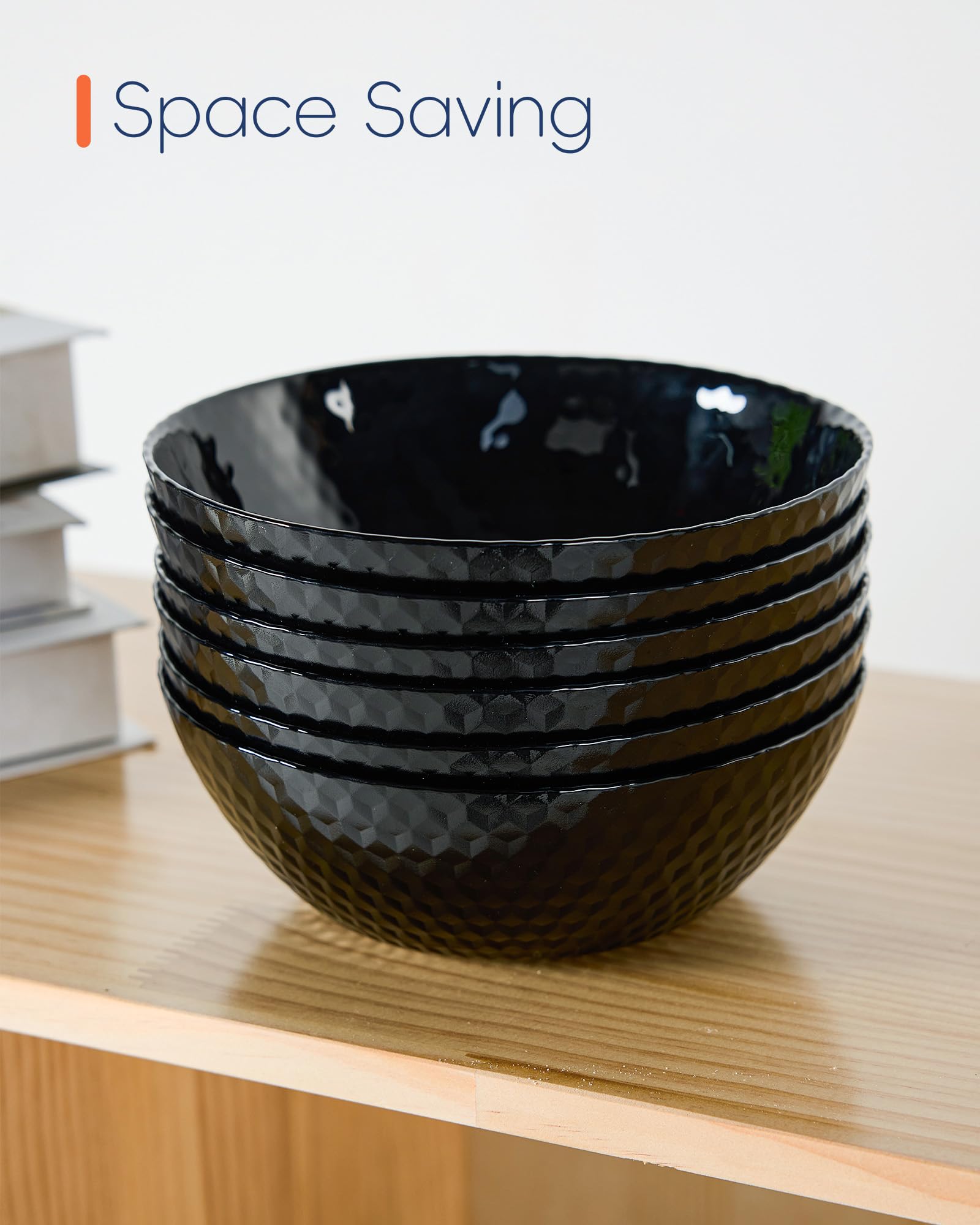 LaGlint 27 OZ Max Black Opal Glass Soup Cereal Bowl Set of 6, 7.2 Inch