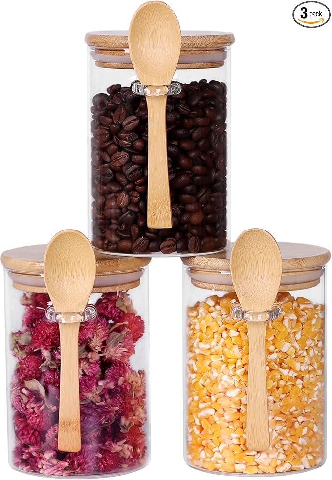 Glass Jar with Bamboo Lid and Spoon, 3 Pack 16 OZ Tea Containers for Loose Leaf Tea, Salt and Sugar Containers for Countertop, Yogurt Jars for Overnight Oatmeal