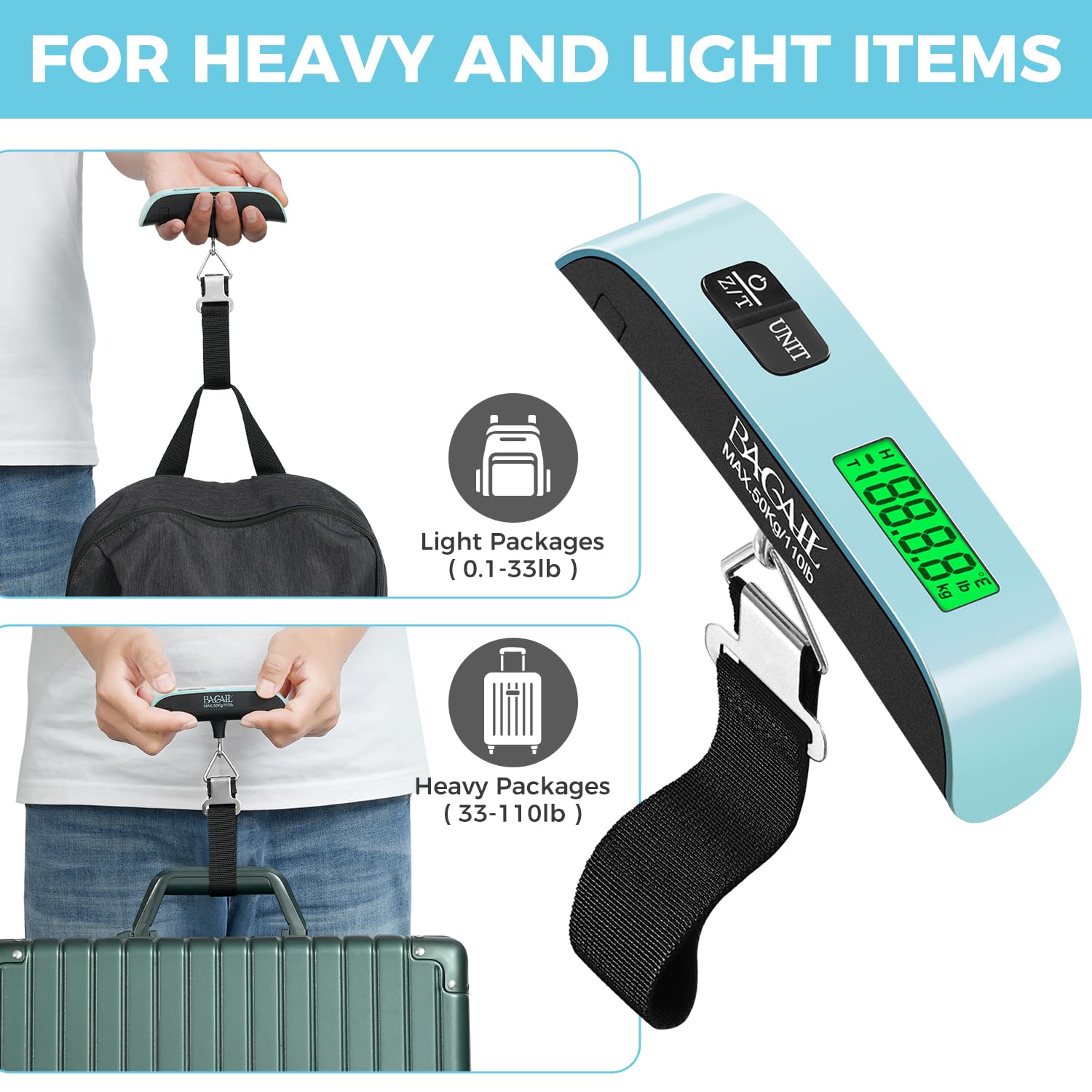 BAGAIL Digital Luggage Scale, 110lbs Hanging Baggage Scale with Backlit LCD Display,Portable Suitcase Weighing Scale,Travel Luggage Weight Scale with Hook,Strong Straps for Travelers(Mint)
