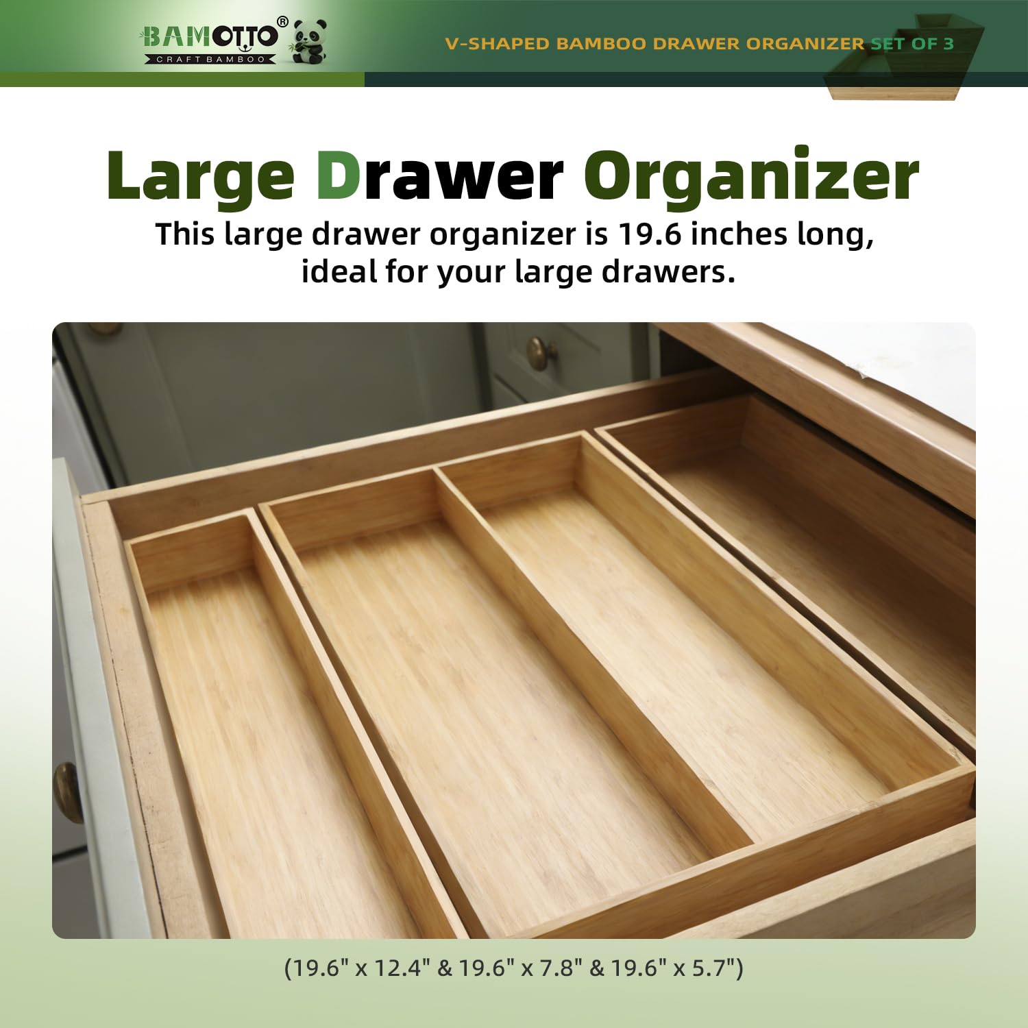 BAMOTTO CRAFTBAMBOO Large Long V-Shaped Bamboo Drawer Organizer Set of 3
