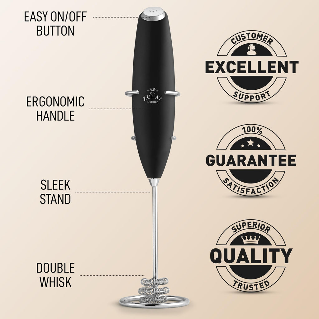 Zulay Kitchen Powerful Milk Frother Wand With Duracell Batteries - Ultra Fast Handheld Drink Mixer - Electric Whisk Foam Maker for Coffee, Lattes, Cappuccino & Matcha - Triple Whisk - Black