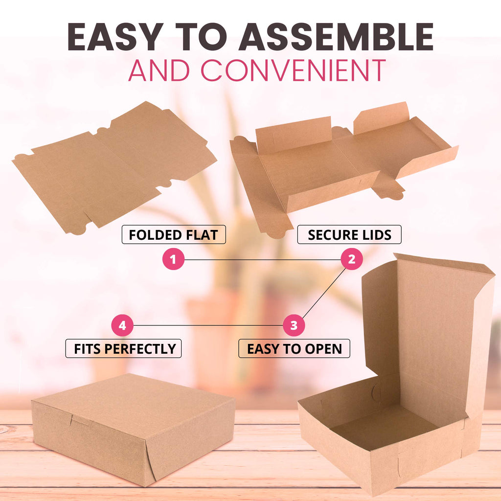 Fit Meal Prep 250 Pack Kraft Bakery Boxes - Brown Cardboard Pie & Dessert Boxes, 9x9x3 inches, for Cupcakes, Chocolates & Donuts