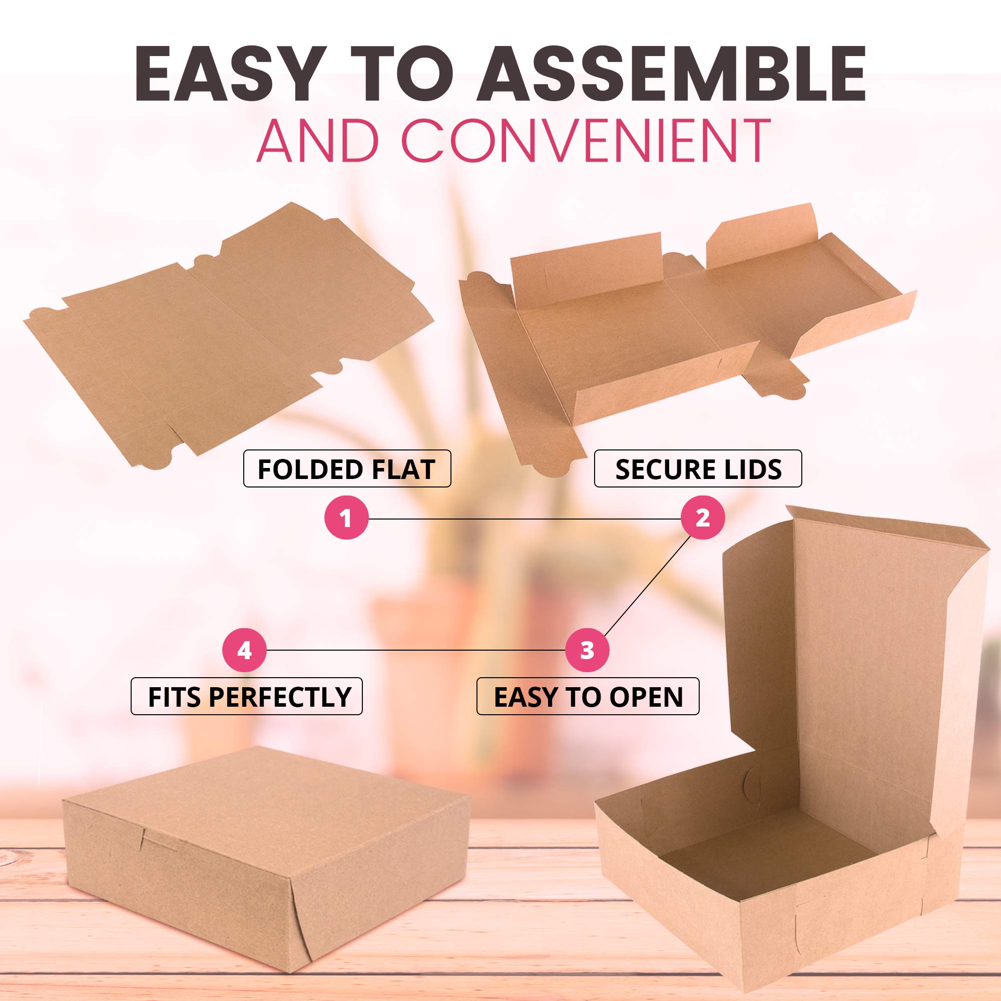 Fit Meal Prep 250 Pack Kraft Bakery Boxes - Brown Cardboard Pie & Dessert Boxes, 9x9x3 inches, for Cupcakes, Chocolates & Donuts