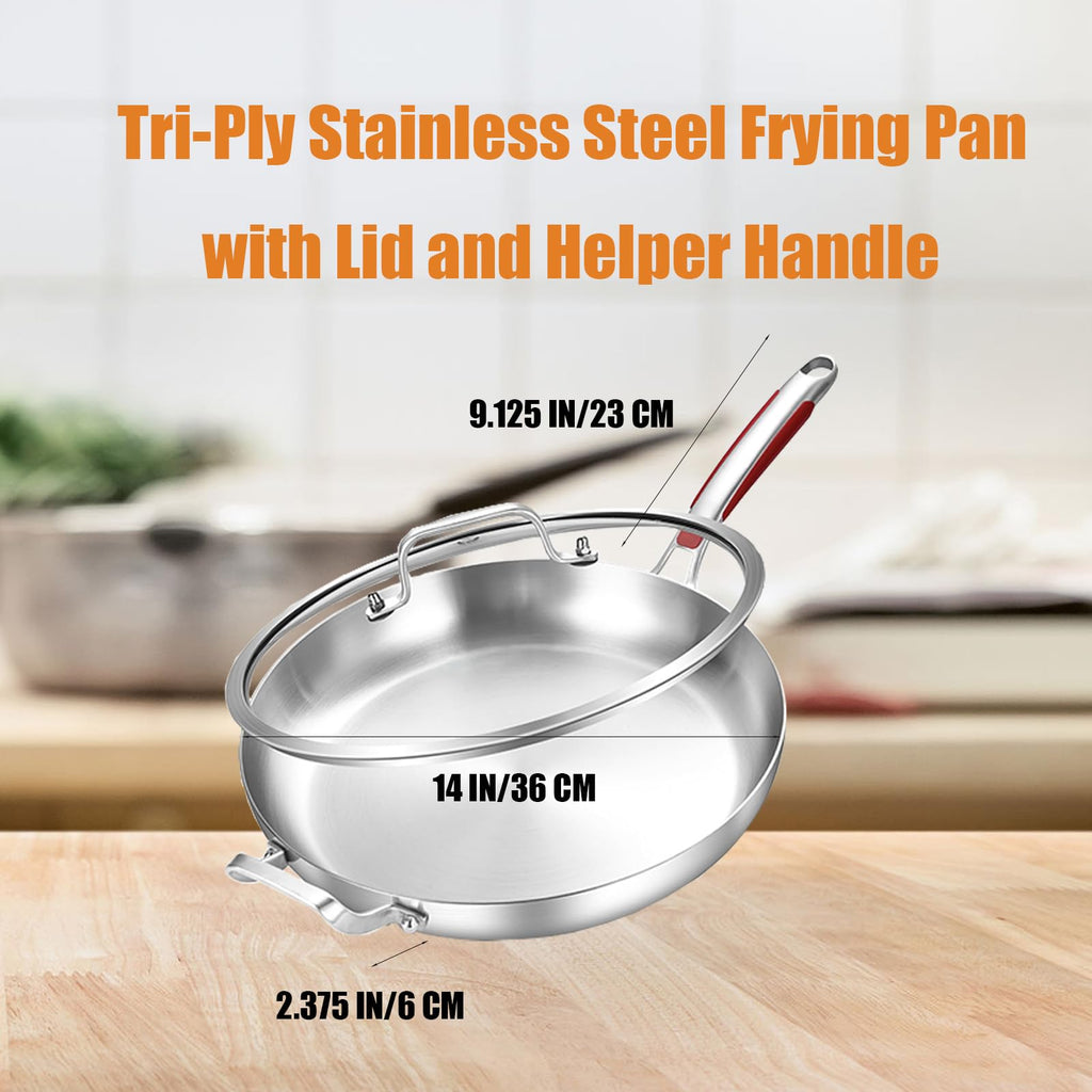 Inqibee 14 Inch Stainless Steel Frying Pan with Lid, Detachable Handle