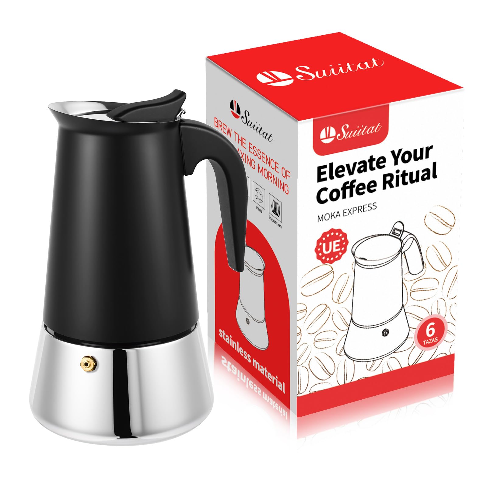 Suiitat 6 Cup Stainless Steel Moka Pot, 300ml Stovetop Espresso Maker, Black