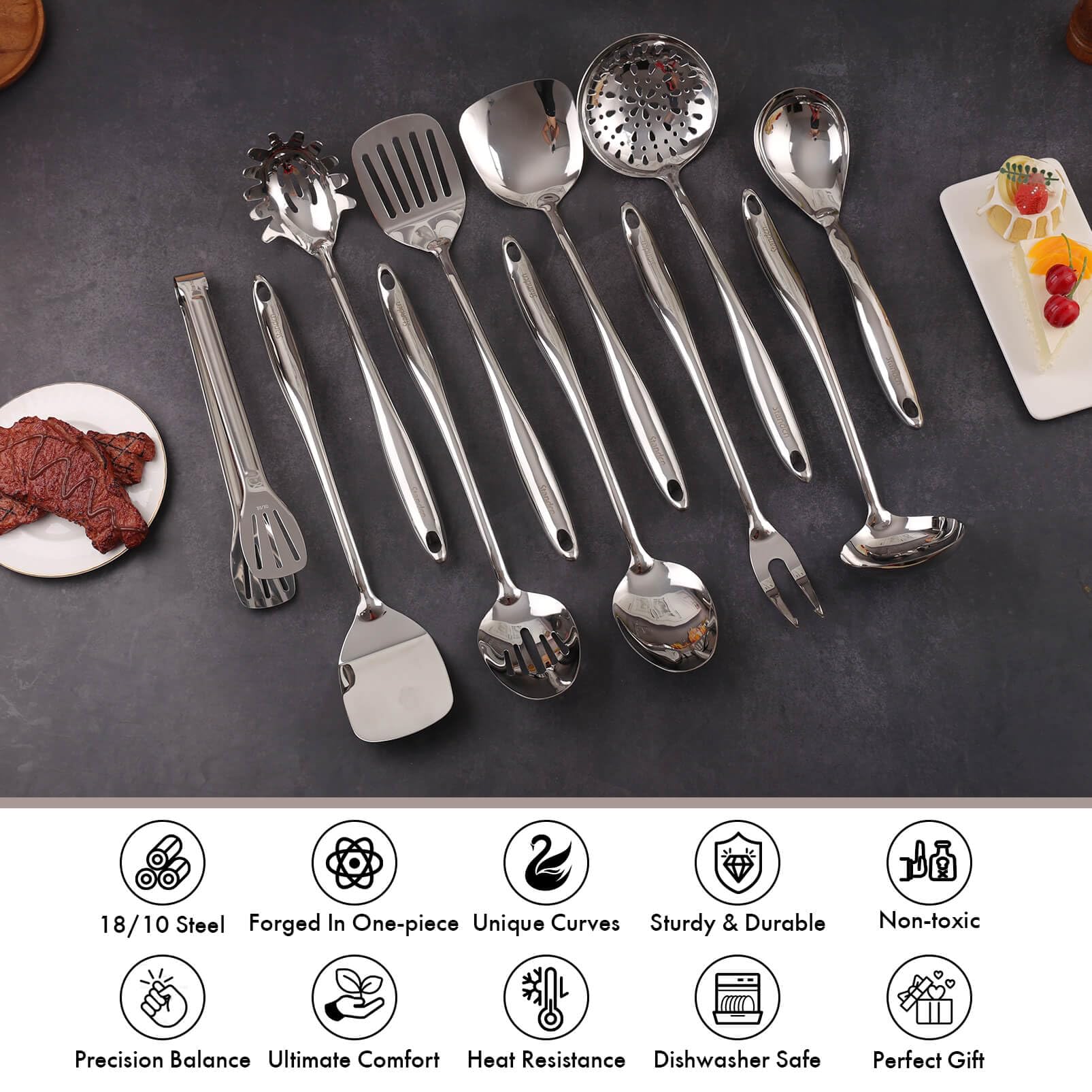 18/10 Stainless Steel Kitchen Utensils Set with Holder for Countertop