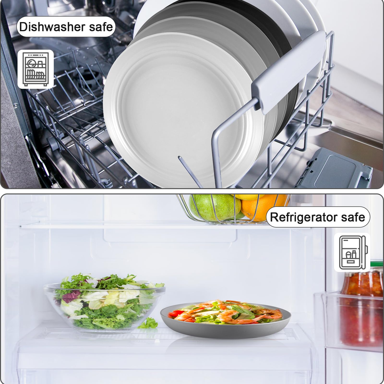 HEYCOME 12 Pcs Unbreakable Deep Dinner Plates Set, 9 inch Reusable Plastic Wheat Straw Plates, Microwave and Dishwasher Safe Plate for Kitchen, Lightweight Plate for Dessert, BPA Free, Dark Gray