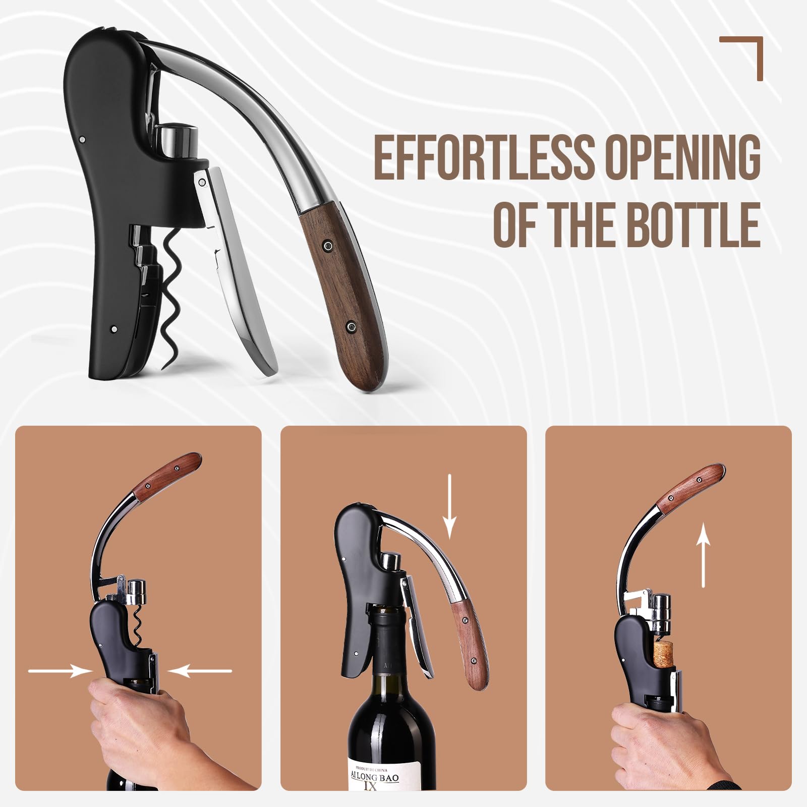 Wine Bottle Opener, Vertical Lever Corkscrew with Built in Foil Cutter Design, Manual Handheld Corkscrew with Ergonomic Lever Pump