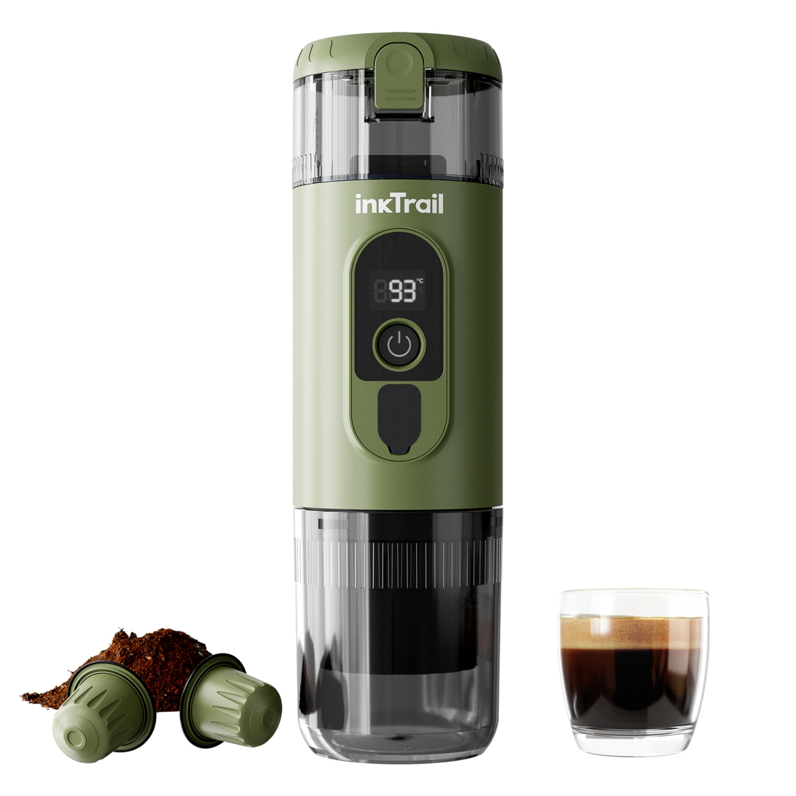 InkTrail Portable Electric Espresso Machine,Travel Coffee Maker for Camping, Self-Heating with Rechargeable Battery, Compatible with Ground Coffee & NS Original Capsule for Car, RV, Hiking, Office
