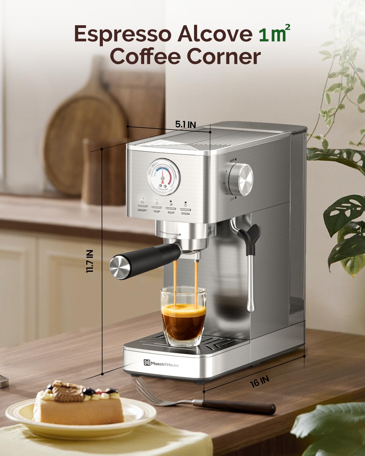 Maestri House Slim Espresso Machine with Milk Frother, 20 Bar Italian Pump
