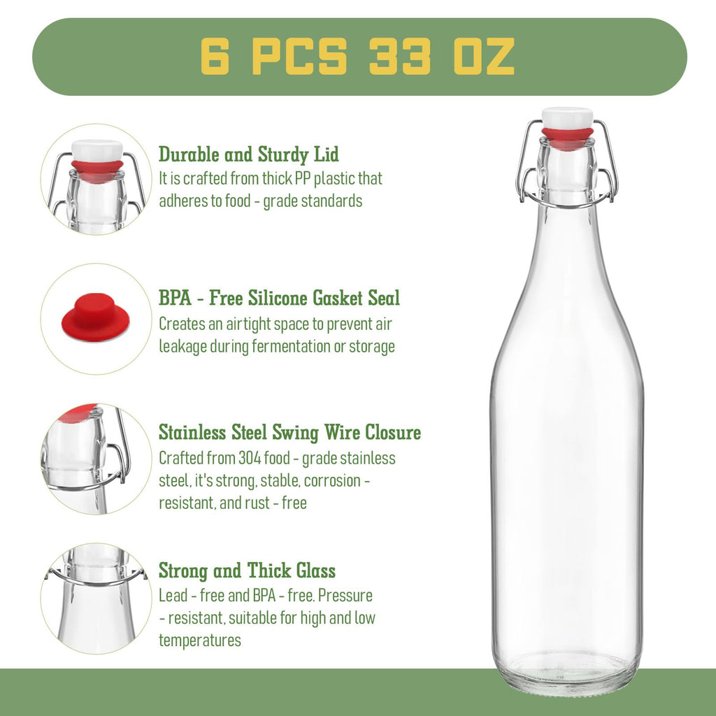6 Pack [1 Liter / 33 fl. oz.] Swing Top Glass Bottles – Airtight Flip Top Brewing Bottles for Kombucha, Beer, Wine, Kefir, Soda, Liquor – Includes Funnel, 2 Pourers, 6 Seals, 8 Labels & Jute Twine