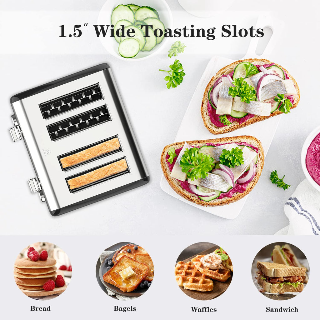 Toaster 4 Slice, KitchMix Bagel Stainless Toaster with LCD Timer, Extra Wide Slots, Dual Screen, Removal Crumb Tray (Black)