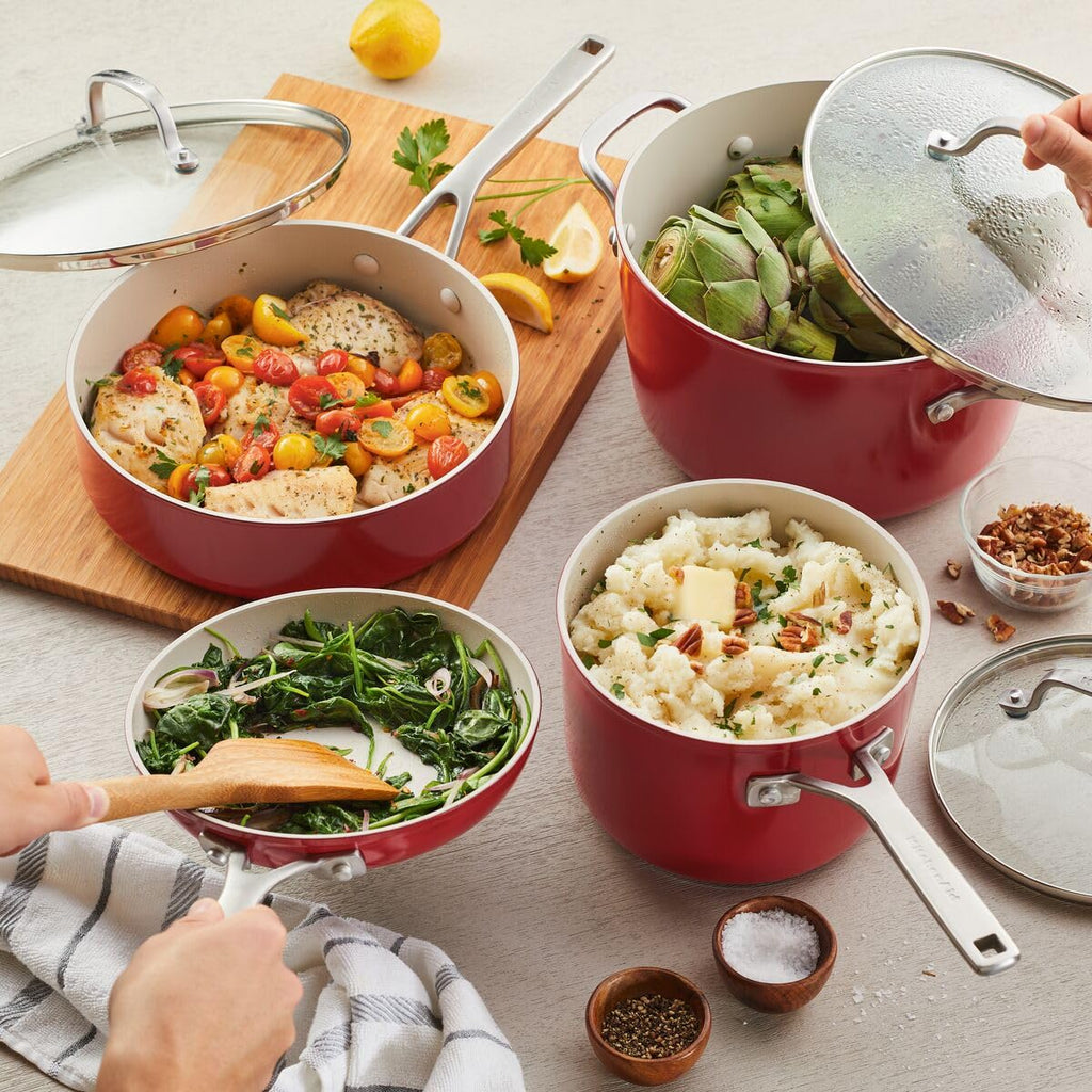 KitchenAid Hard Anodized Ceramic 9-Piece Nonstick Cookware Set – Includes Fry Pans, Saucepan, Stockpot, Durable, Even Heating, Oven Safe to 500°F, Empire Red
