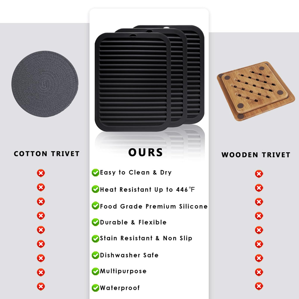 Silicone Trivets for Hot Pots and Pans, 3 Pack Heat Resistant Pot Holders for kitchen Large Silicone Trivet Mat for Hot Dishes, Black Hot Pads for Kitchen Counter, Hot Mats Spoon Rest, 9 * 12 Inches