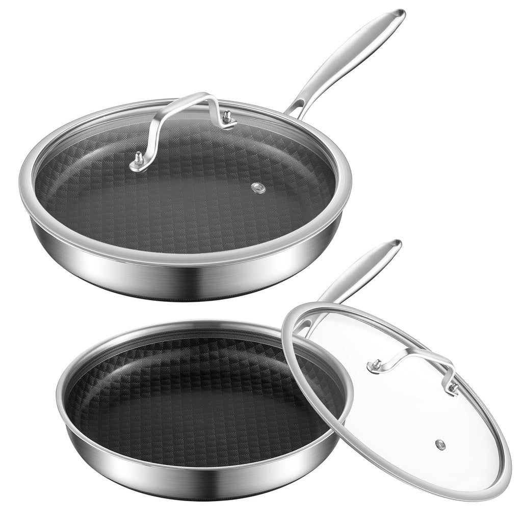 MOUTIUS 8-10 Inch Non Stick Frying Pans, Ceramic Coating NonStick Stainless Steel Pan Set, Tri-Ply Skillets and Pan Set with Lid, Cool-Touch Handle, Dishwasher and Oven Safe