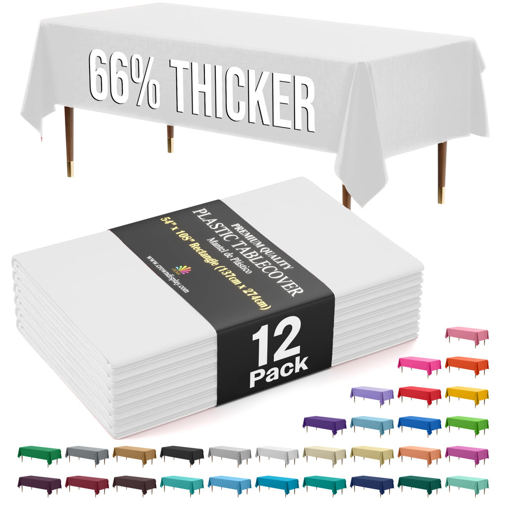 Exquisite 66% Thicker Premium Plastic Table Cloth Rectangle Table Cover 0.5 Mil 12 Pack White Table Cloth 54 Inch x 108 Inch Disposable Tablecloth Won't Tear Easily Like Cheap Thin Brands