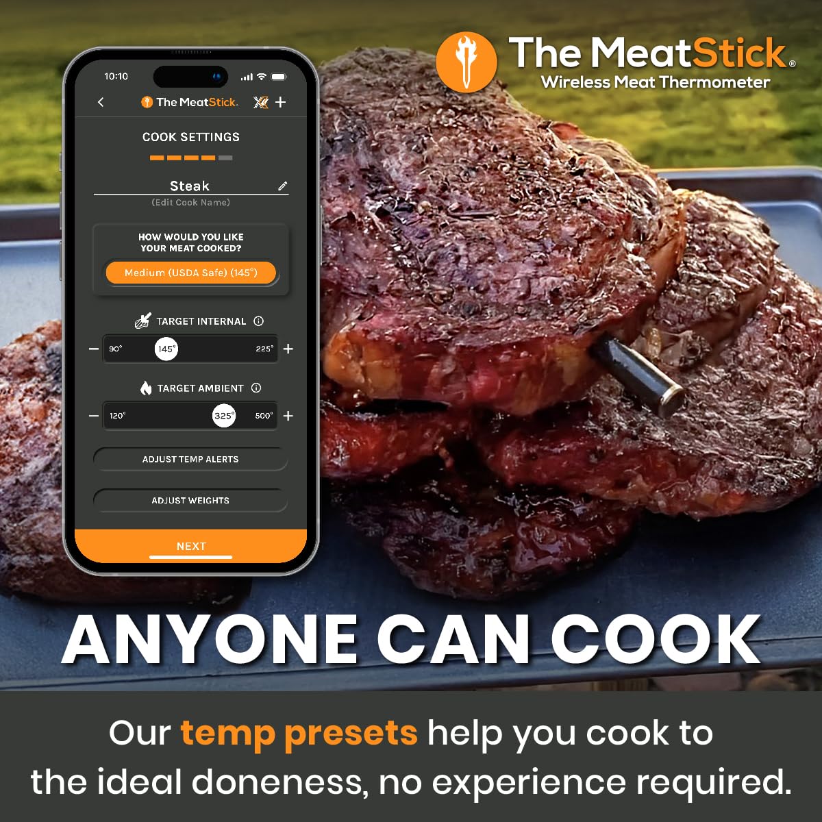 MeatStick Chef Bluetooth Wireless Meat Thermometer, 4-Sensor Slim Probe
